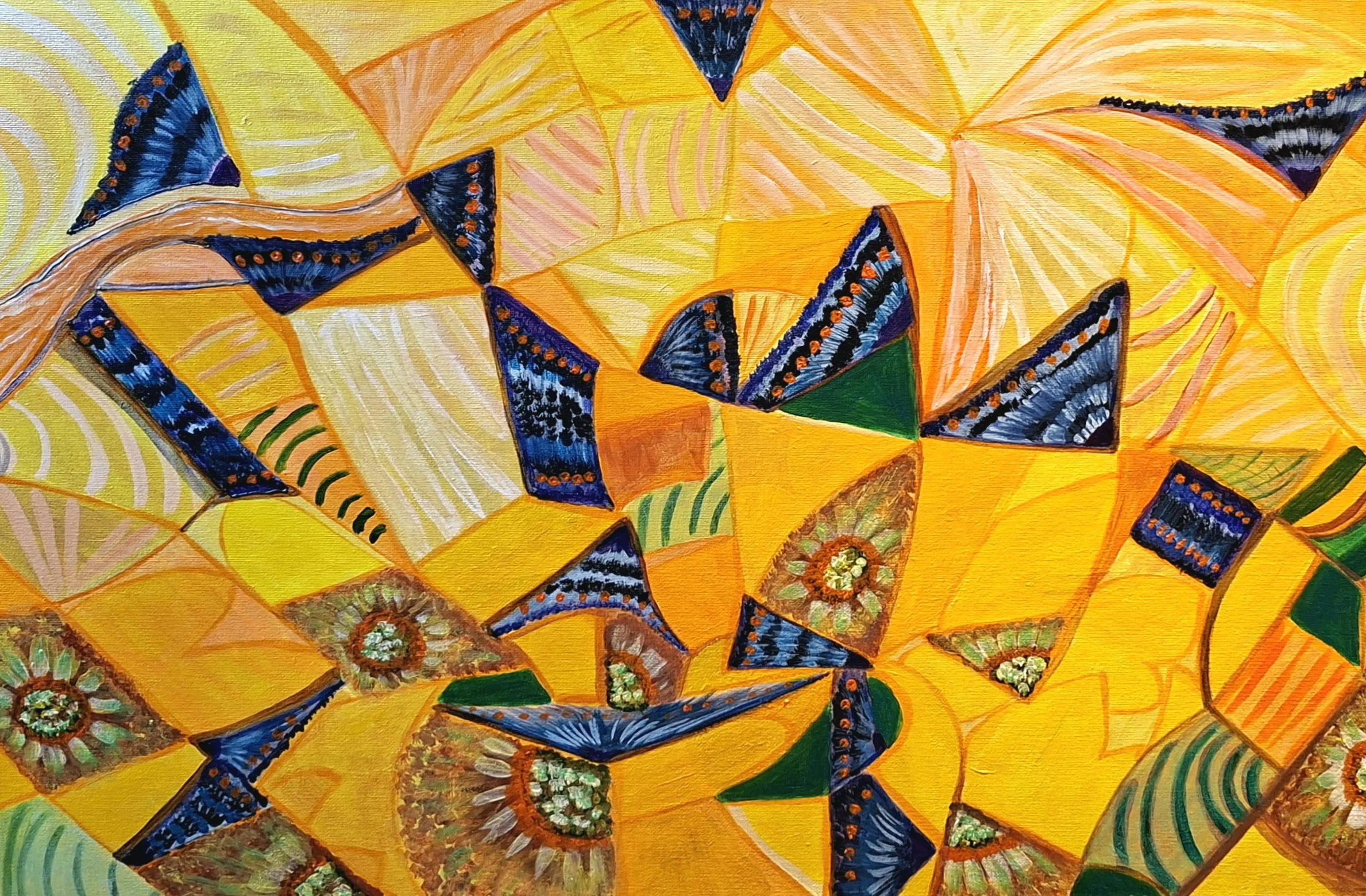 Close-up of a vibrant, abstract painting with bright yellow background, geometric shapes, blue and black butterfly wings, and floral patterns.