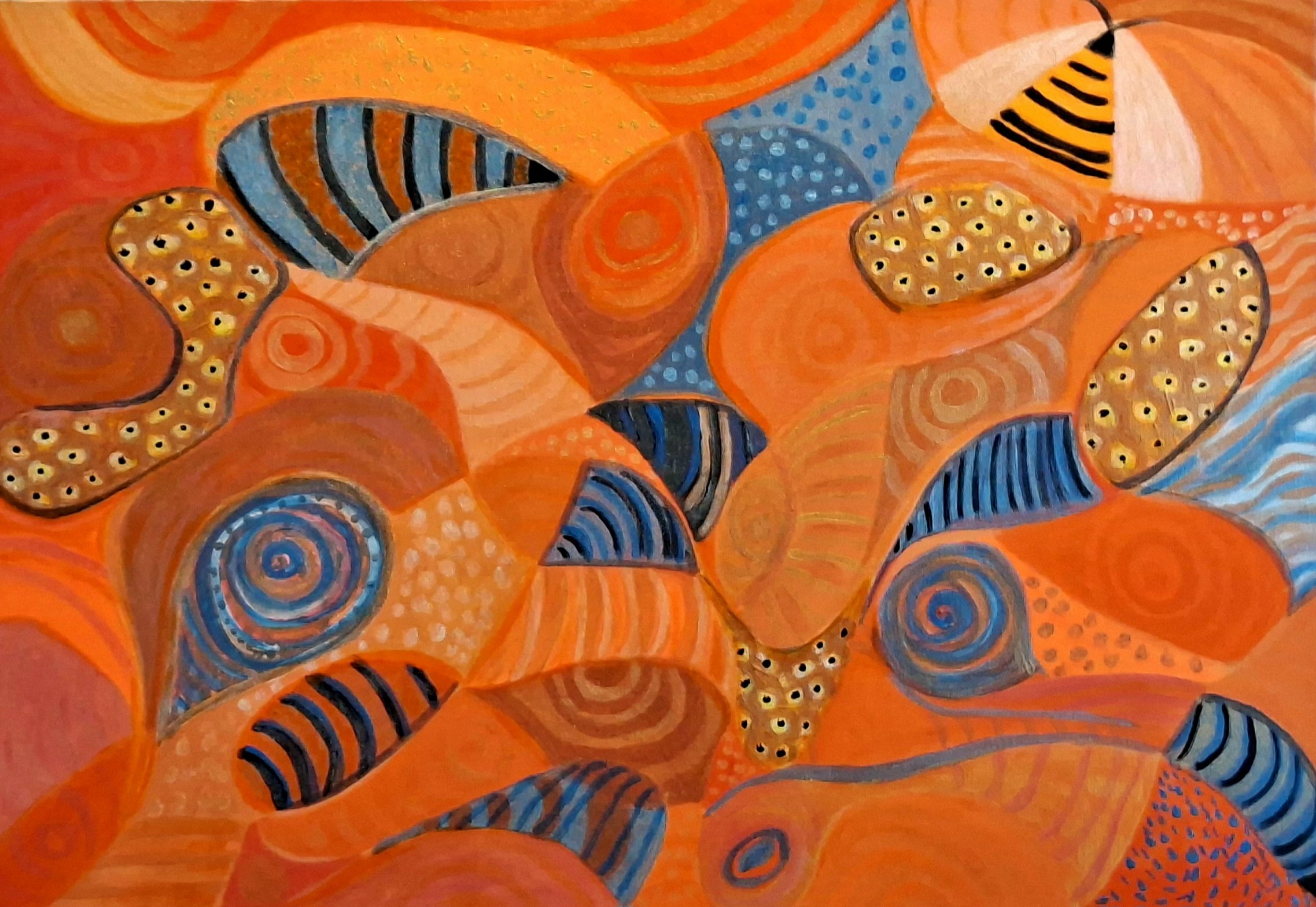 An abstract painting with vibrant orange, blue, yellow, black, and pink colors, featuring swirling patterns, dots, and striped shapes.