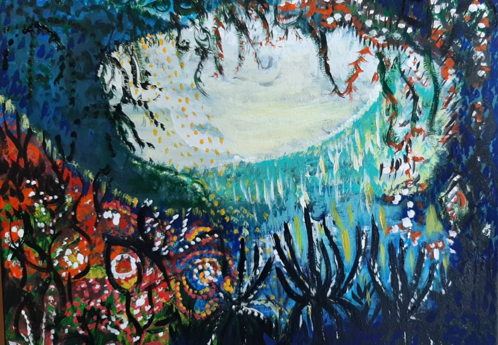 Abstract painting with vibrant colors, depicting a jungle scene with trees, foliage, and a bright, circular light source in the center, surrounded by swirling patterns and textured brushstrokes.