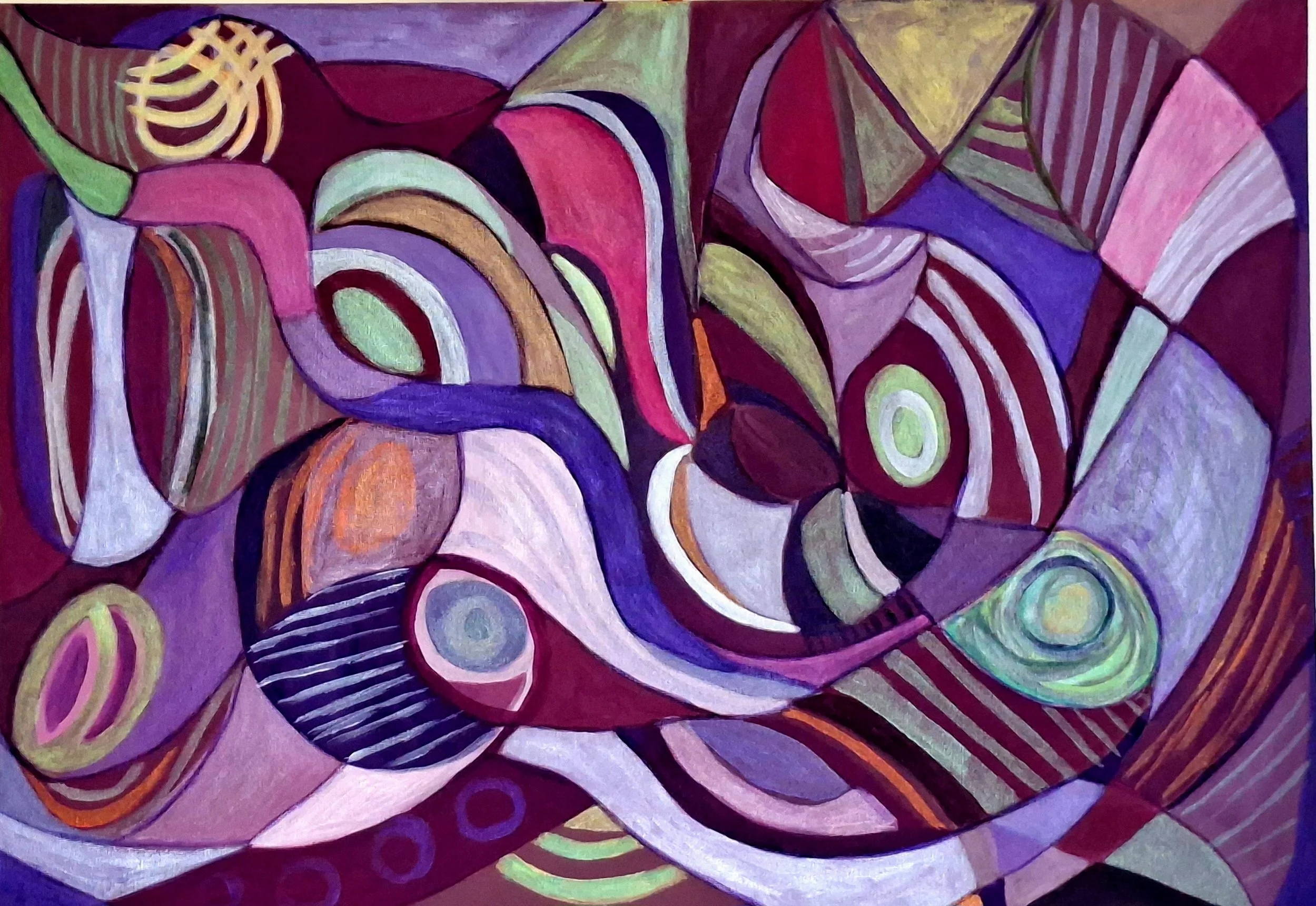 Abstract colorful painting with swirling shapes and patterns in shades of purple, pink, red, green, orange, black, and white.