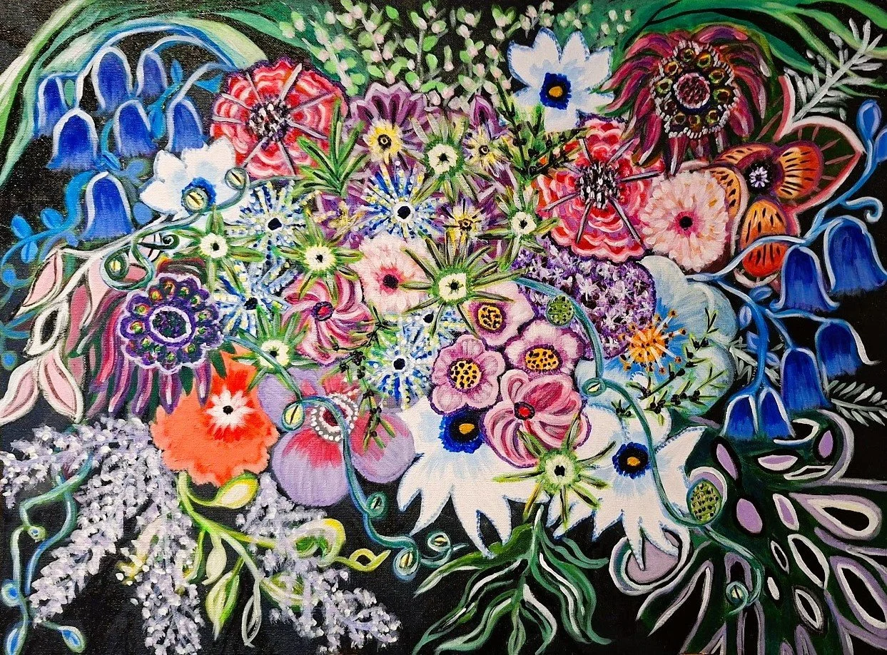Colorful abstract floral painting featuring various flowers in different colors and shapes, with prominent black background.