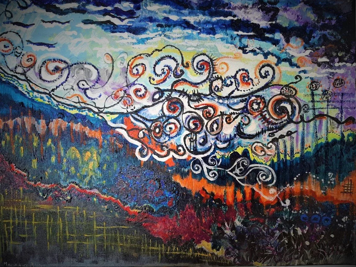 An abstract painting featuring swirling cloud patterns in the sky with vibrant colors and expressive strokes, with a densely textured landscape below in various shades of blue, red, purple, and yellow, reminiscent of a sunset or sunrise scene.