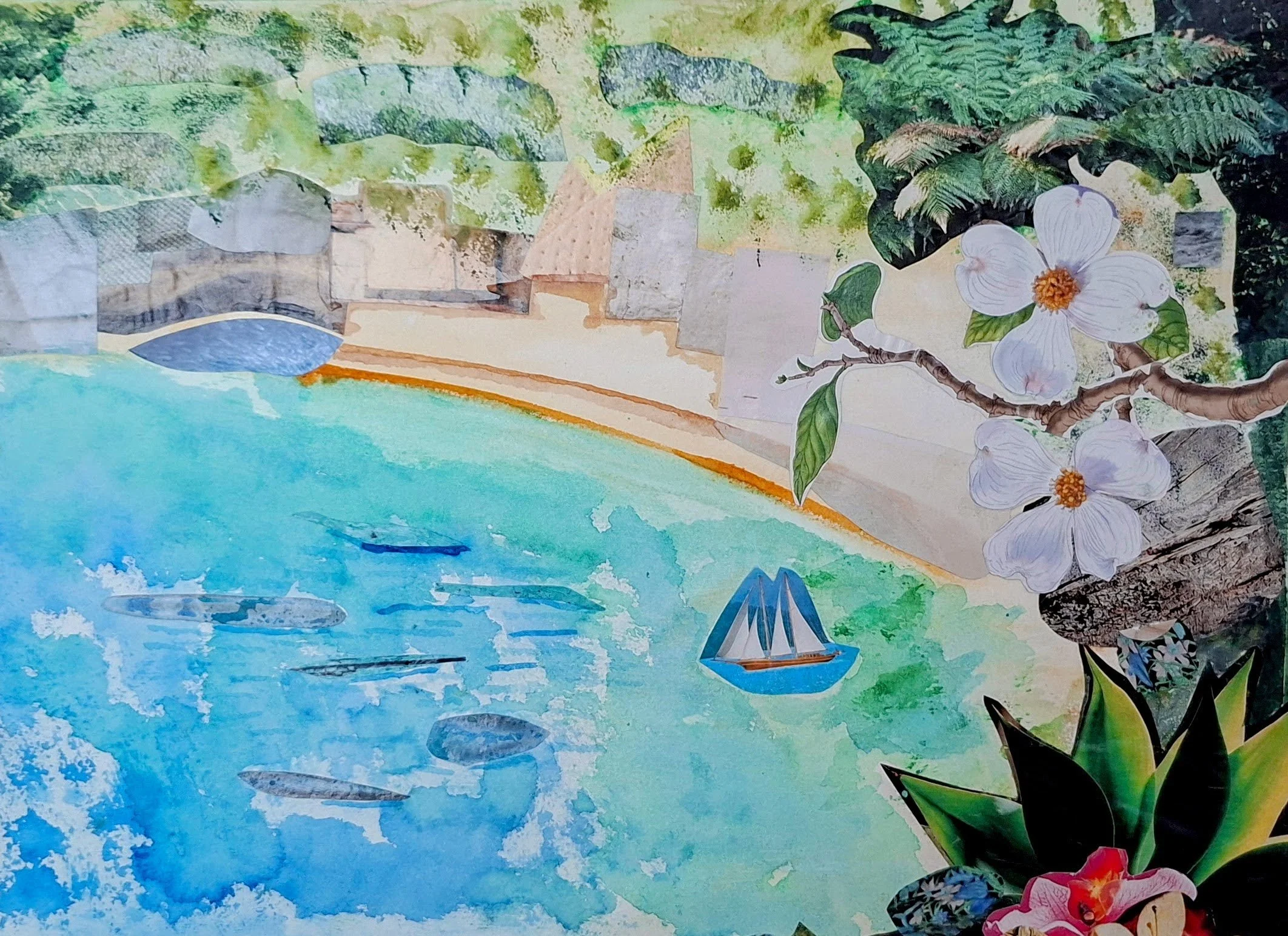 A collage-style artwork with a tropical theme, featuring a blue body of water, sailboats, lush green foliage, flowers, and abstract shapes.