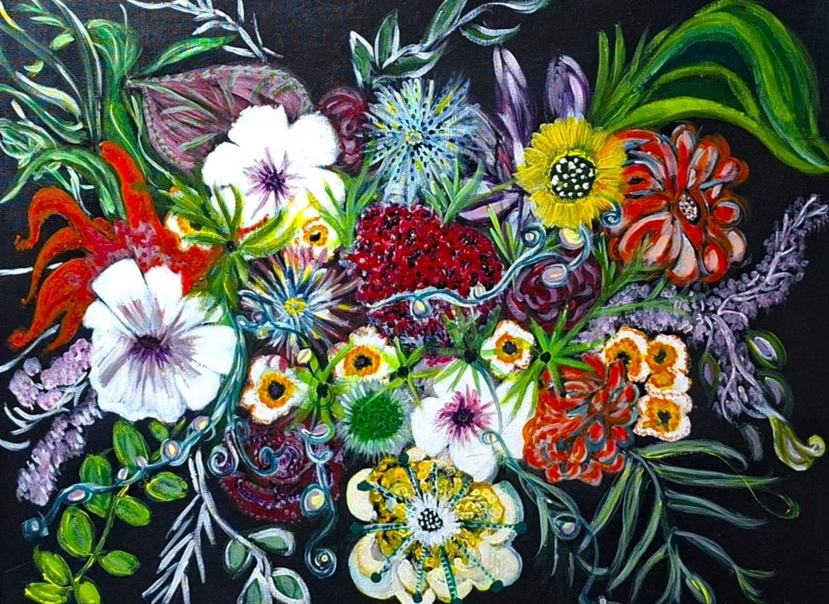 A vibrant, colorful painting of various flowers and greenery arranged in a bouquet against a black background.