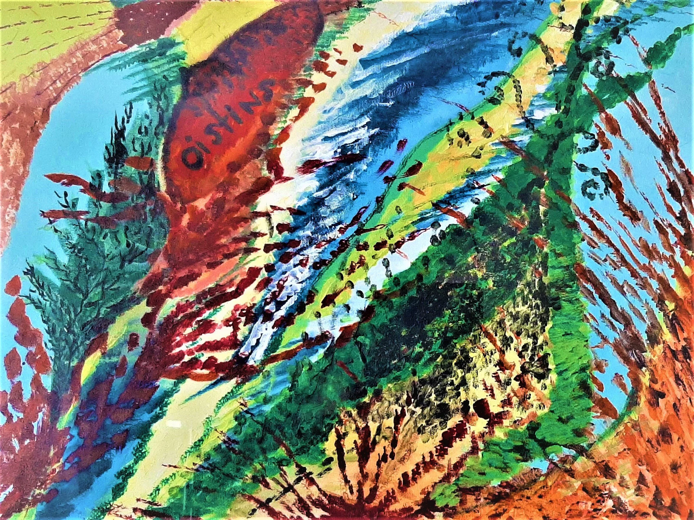 Abstract colorful painting with a mix of bright colors including red, yellow, green, blue, and black, featuring bold strokes and textured patterns.