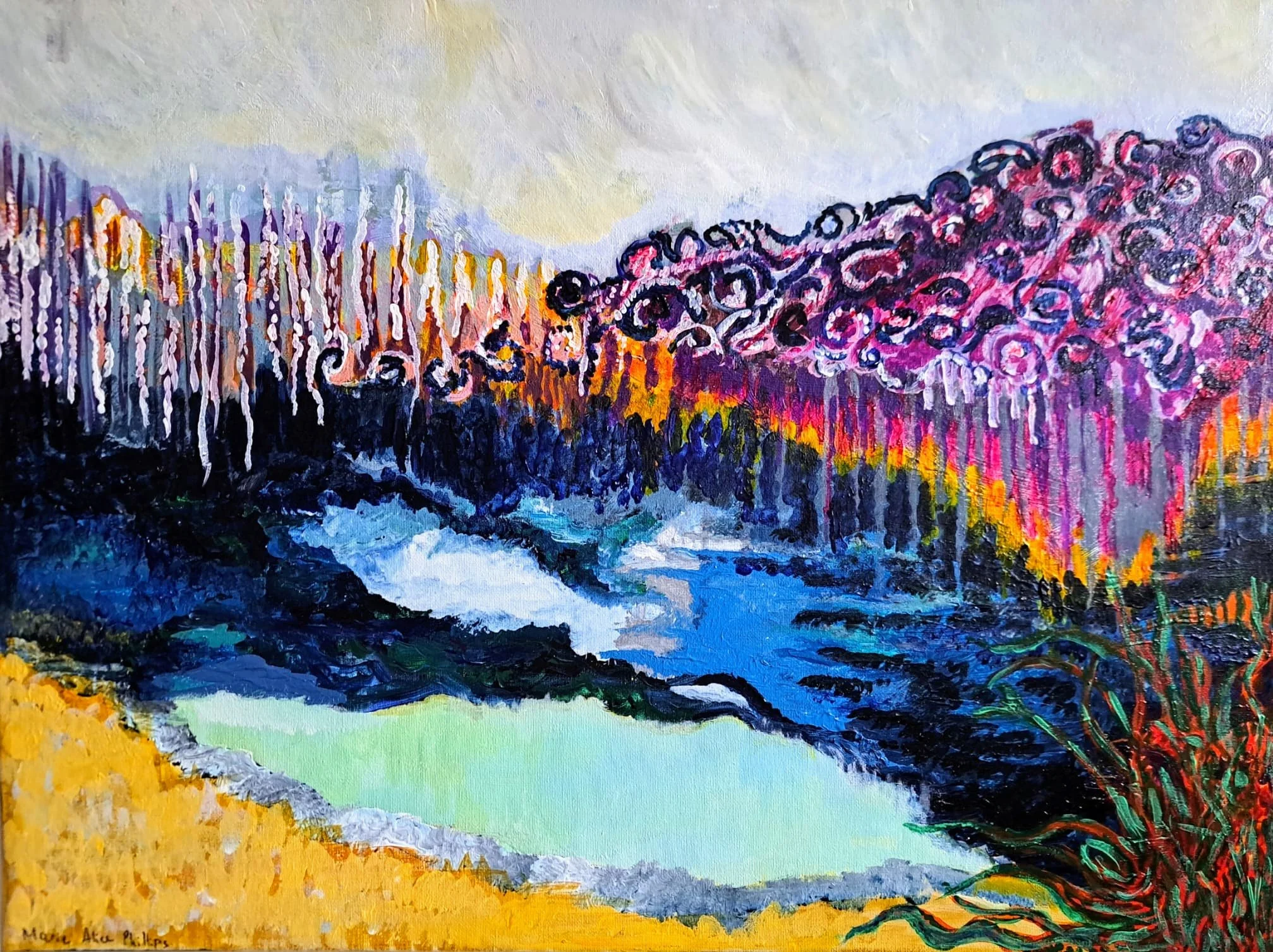 Colorful landscape painting with a bright yellow foreground, multicolored sky, blue river, dark mountain in the background, and a vibrant red and green tree on the right side.