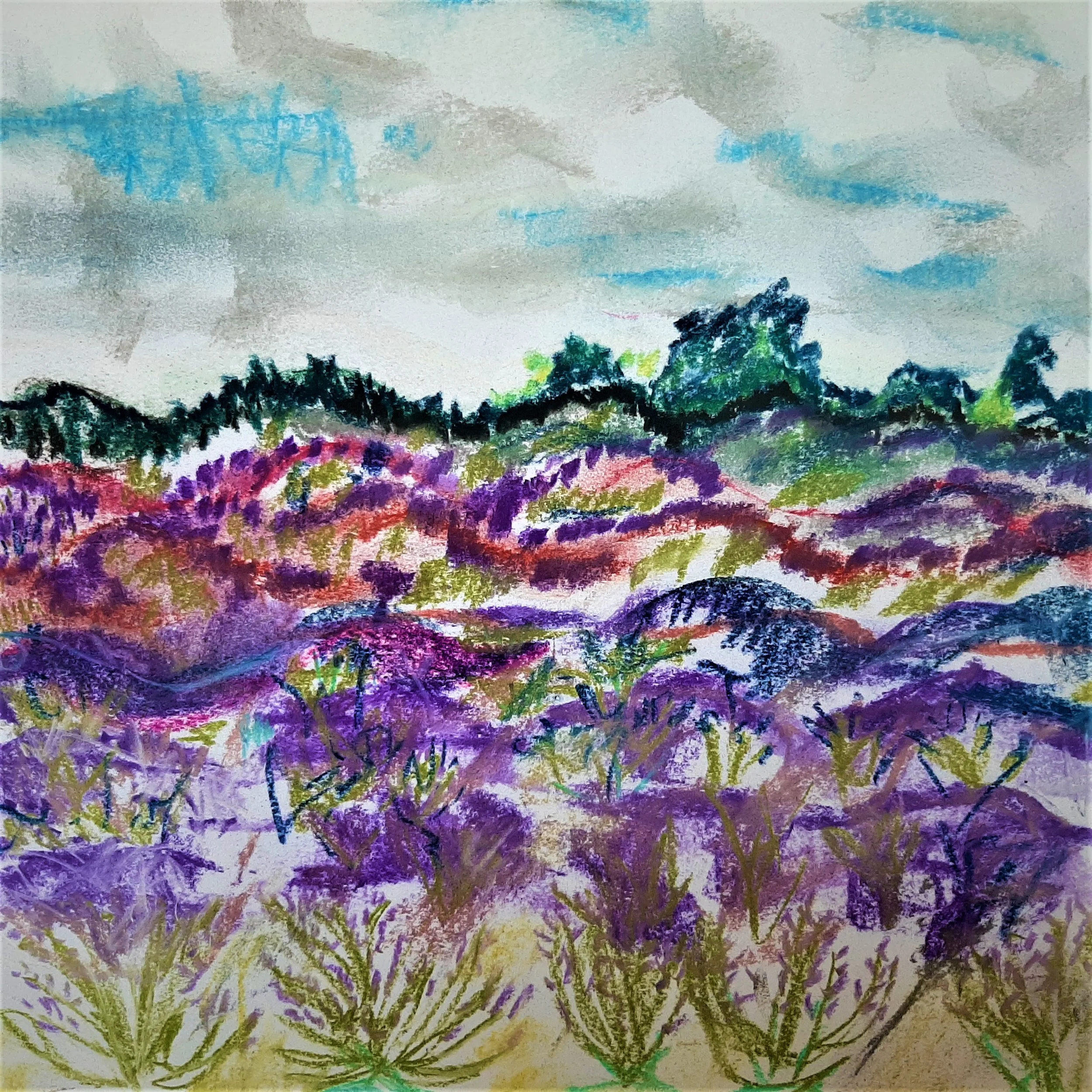 A colorful watercolor painting of a landscape with a sky filled with clouds and trees in the foreground, featuring shades of purple, green, yellow, and blue.