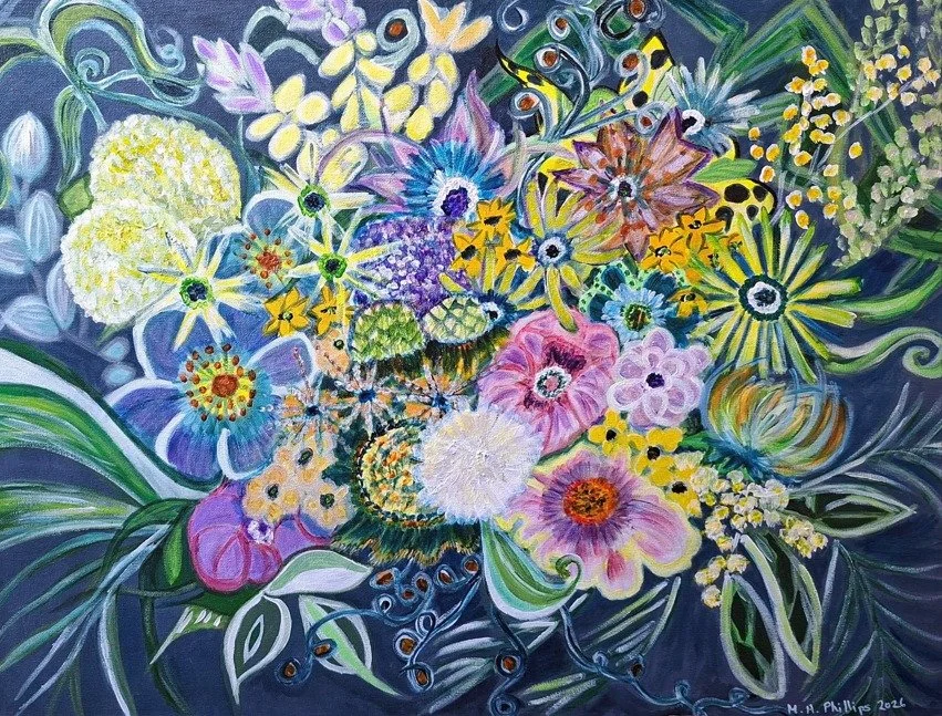 A vibrant, abstract painting of a flower bouquet with various colorful flowers, greenery, and swirls on a dark background.