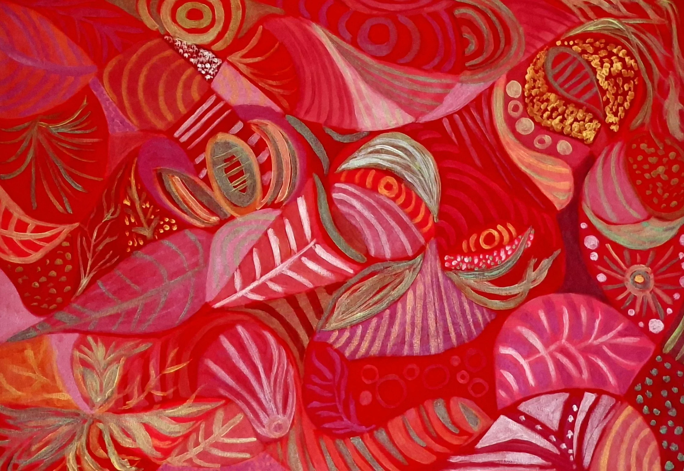 Abstract painting with swirling patterns and shapes in shades of red, pink, orange, and beige.