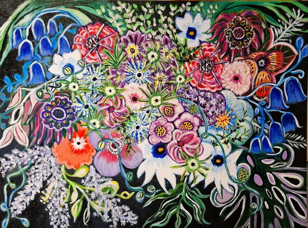 Colorful, abstract floral painting with various flowers in bright colors against a dark background.