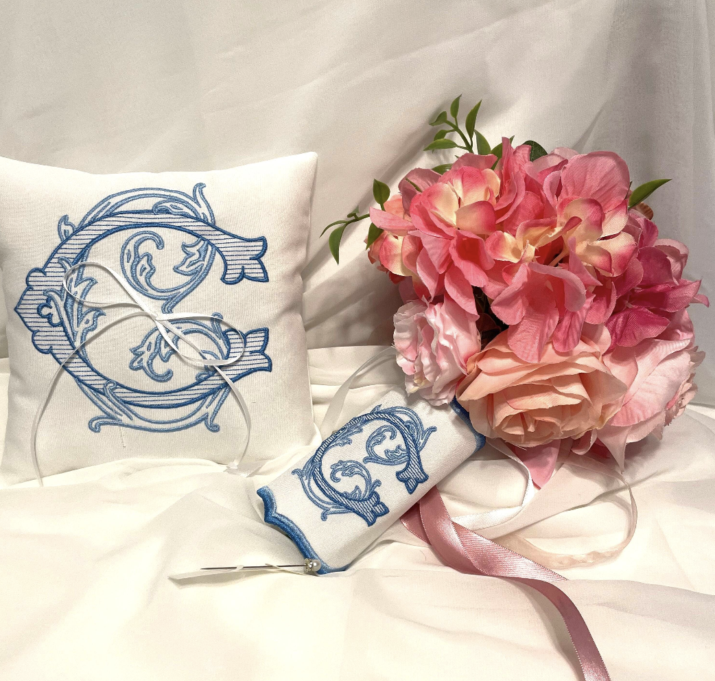Monogrammed Wedding Ring Bearer Pillow & Bouquet Wrap Set| Custom Embroidered Pillow and Bouquet Bundle| Personalized Wedding Keepsake