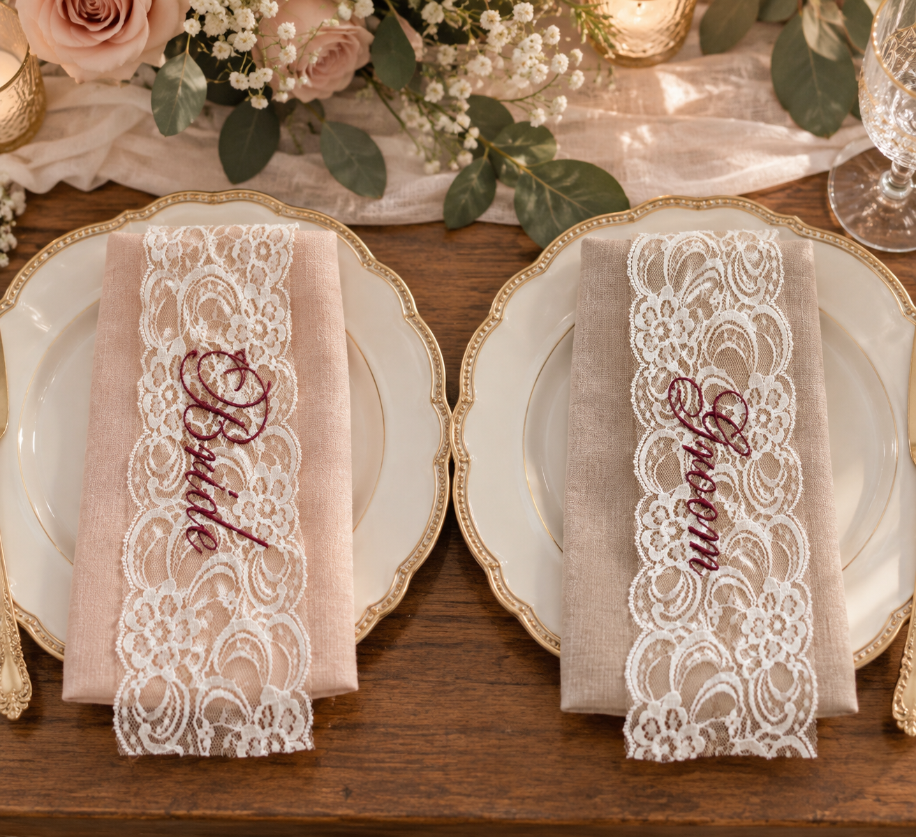Personalized Bride & Groom Lace Wedding Place Setting Set