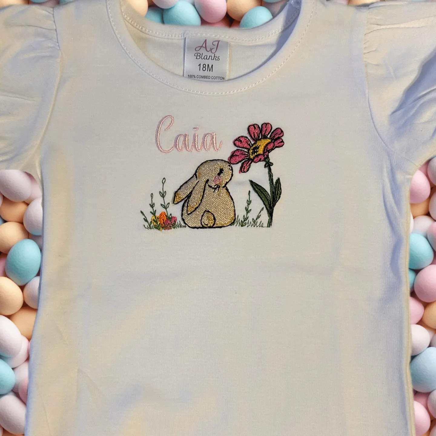 Hopping into Easter in the sweetest way 🐰🌷🧵 Custom embroidered shirts made just for your little bunnies&mdash;because every detail should be as special as they are 💕 #easter #embroidery #personalized #easteroutfit #smallbusiness