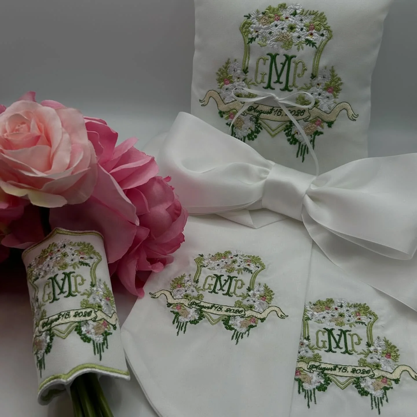 This custom set was designed to carry your love story through every moment: a bouquet wrap for your walk down the aisle, a ring pillow, and a bow that transforms into a keepsake wreath wrap for your home 🤍 Heirloom-quality embroidery designed to mak
