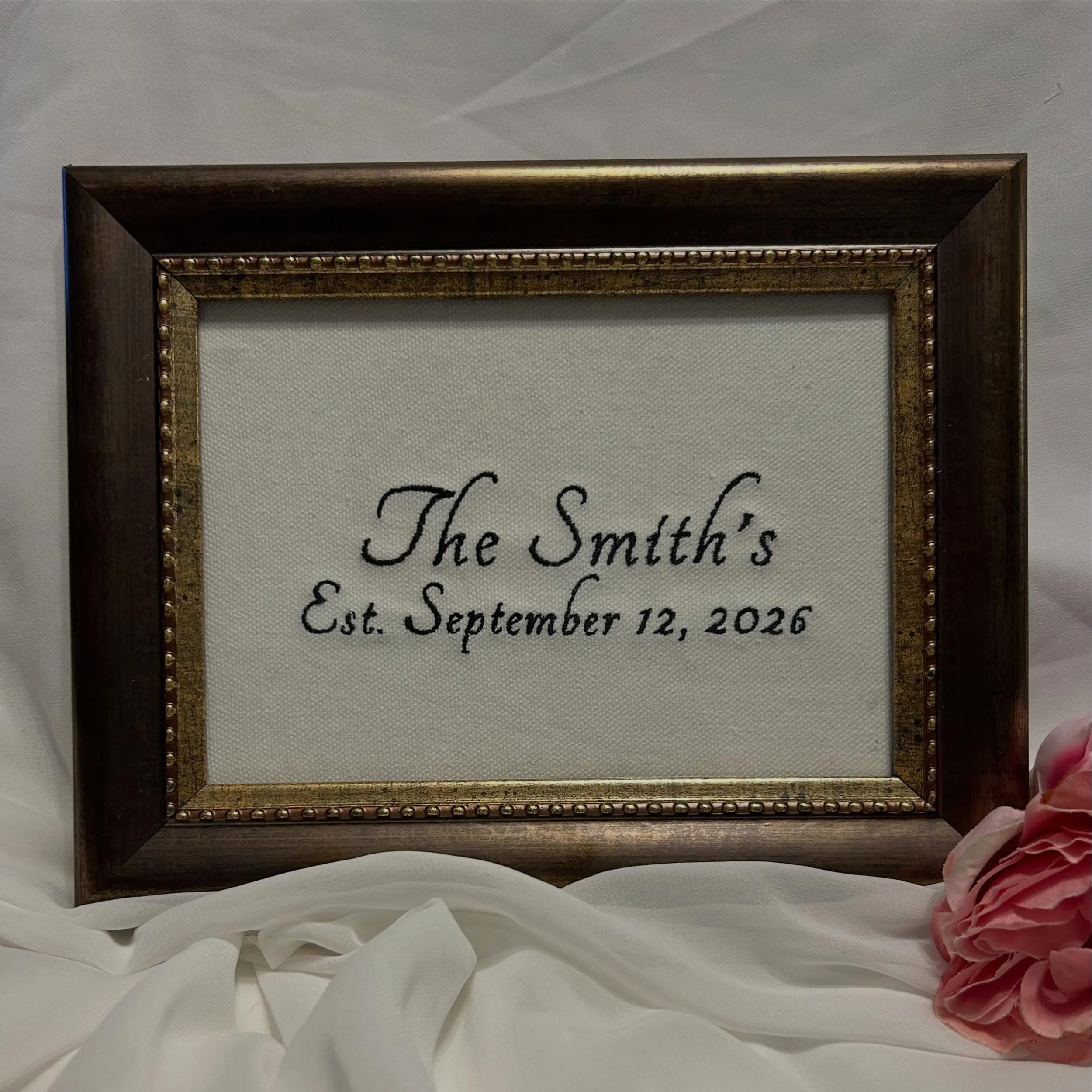 The sweetest way to celebrate a new last name ❤️ custom embroidery with the family name and date established on linen #wedding #custom #embroidery #smallbusiness #happilyeverafter
