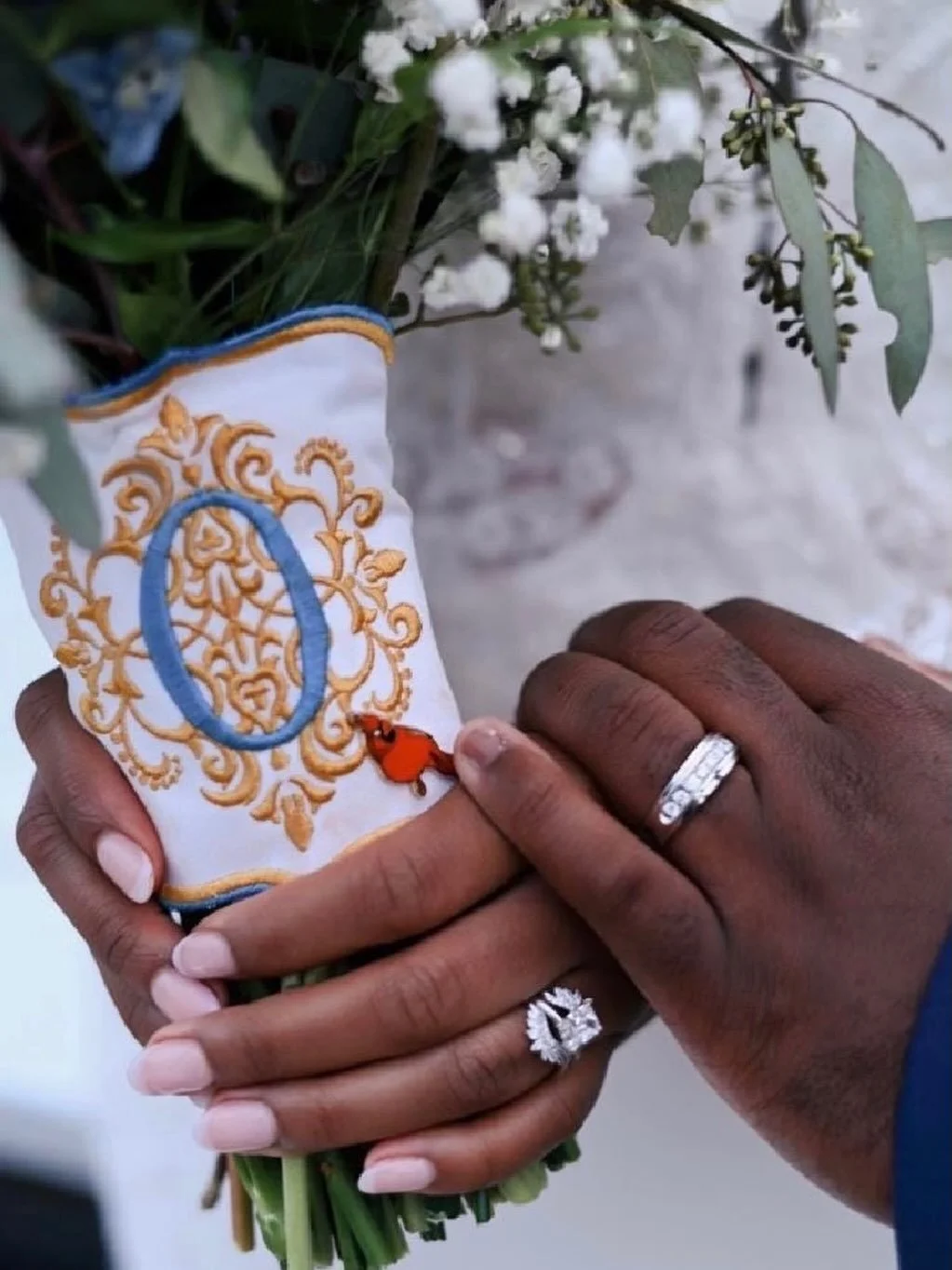 There&rsquo;s something so special about seeing our embroidery become part of such a beautiful wedding day 🤍 This custom bouquet wrap features a bridal blue embroidered monogram with gold and bridal blue accents. A big thank you to our wonderful cus