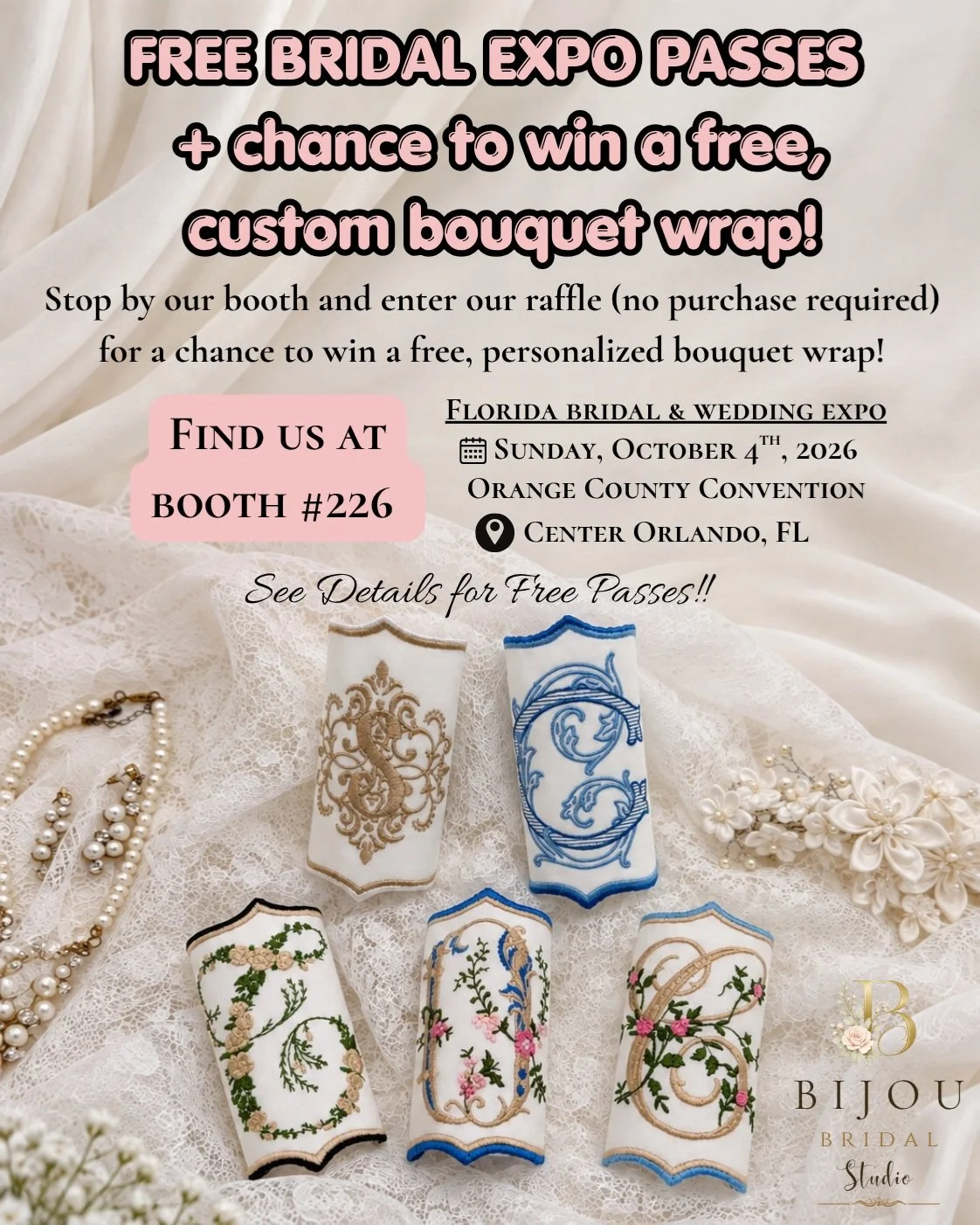 💍✨ ORLANDO BRIDES &mdash; WE&rsquo;RE HEADING TO THE EXPO!

Come see Bijou Bridal Studio at the Florida Bridal &amp; Wedding Expo on Sunday, October 4th! 🤍

🎟️ FREE EXPO PASSES AVAILABLE!
🎁 Enter for a chance to WIN a custom personalized bouquet 