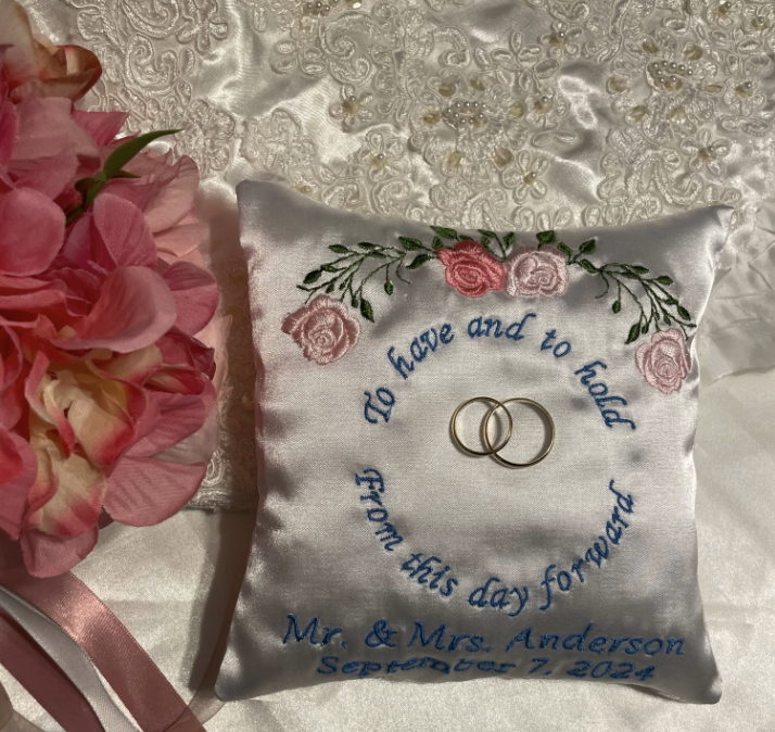 Custom Embroidered Satin Ring Bearer Pillow | Personalized Monogram Wedding Ring Cushion Keepsake