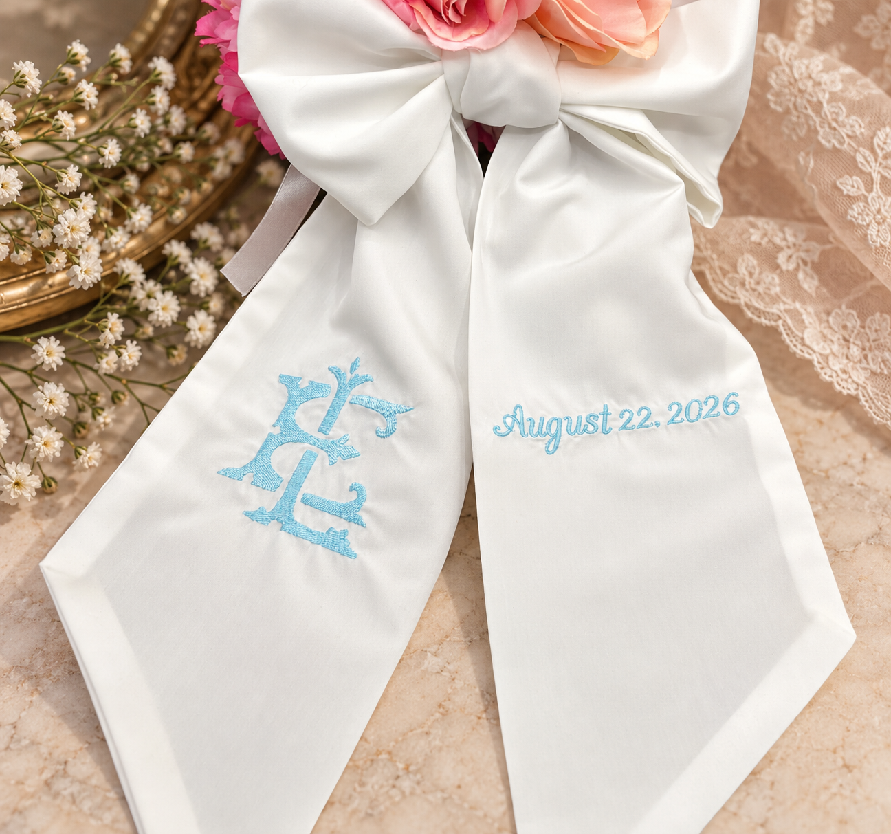 White wedding sash with blue embroidery that reads "August 22, 2026" and a decorative monogram, surrounded by flowers and lace.