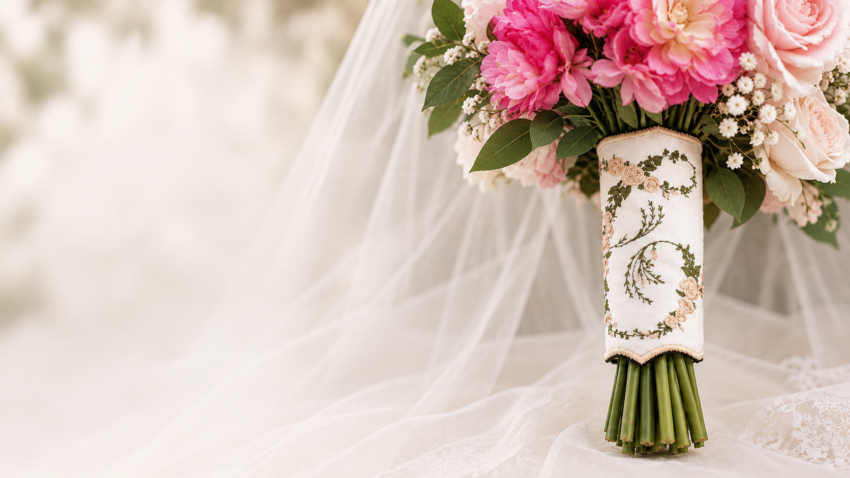 A bouquet of pink and white flowers wrapped in a embroidered cloth with green leaves and pink roses, set on a sheer white fabric background.