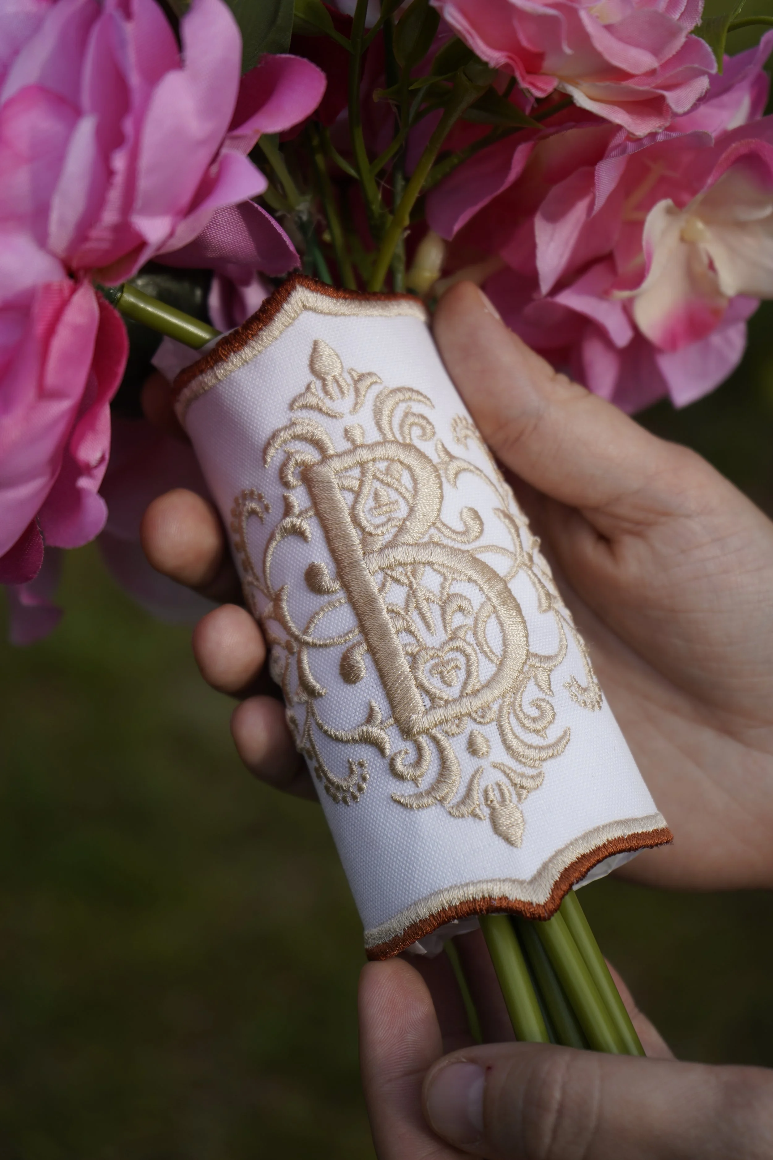 Custom Embroidered Bridal Bouquet Wrap | Personalized Monogram Wedding Bouquet Ribbon Keepsake