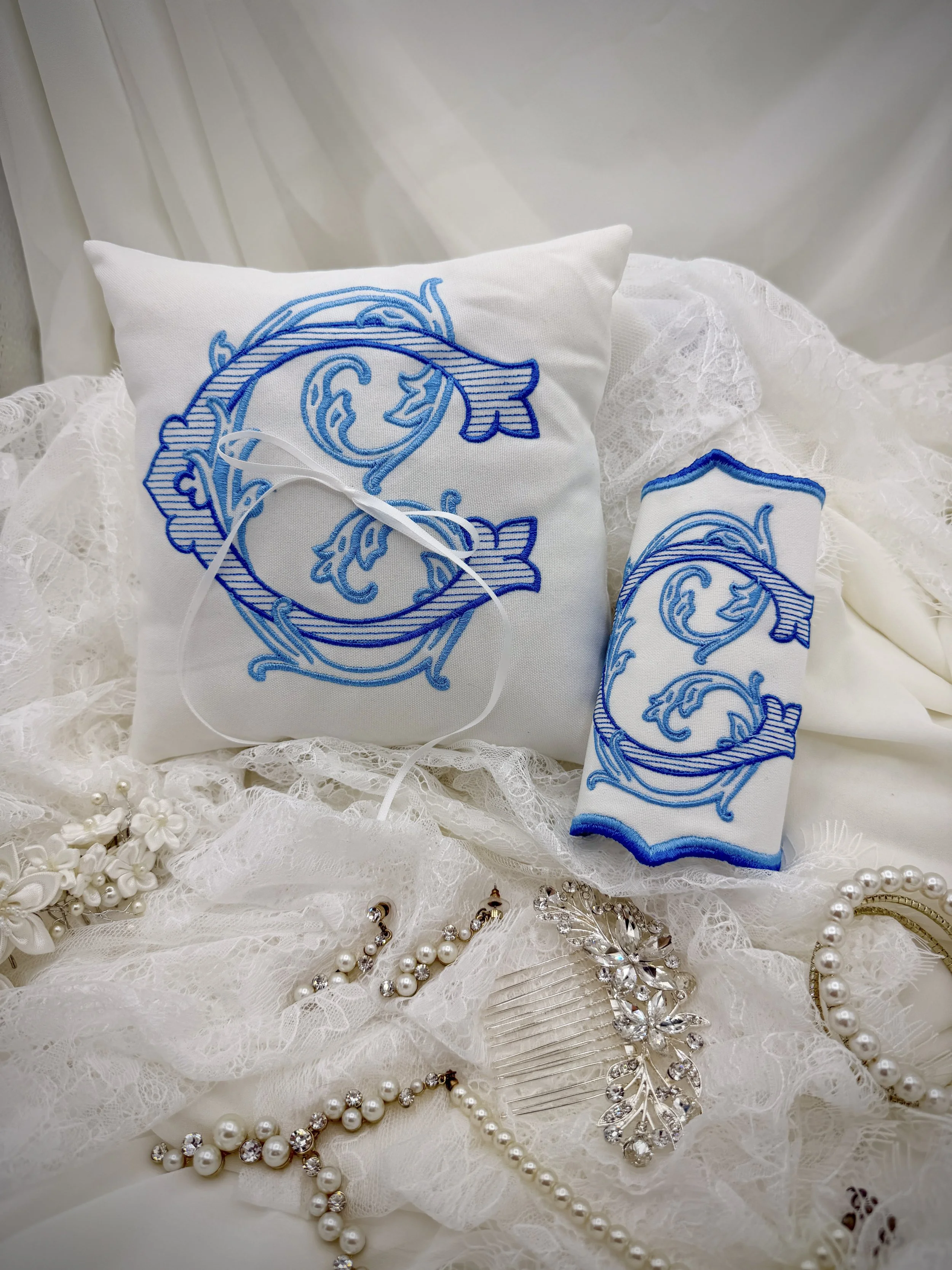 Vintage Chic Monogrammed Ring Bearer Pillow & Bouquet Wrap Set