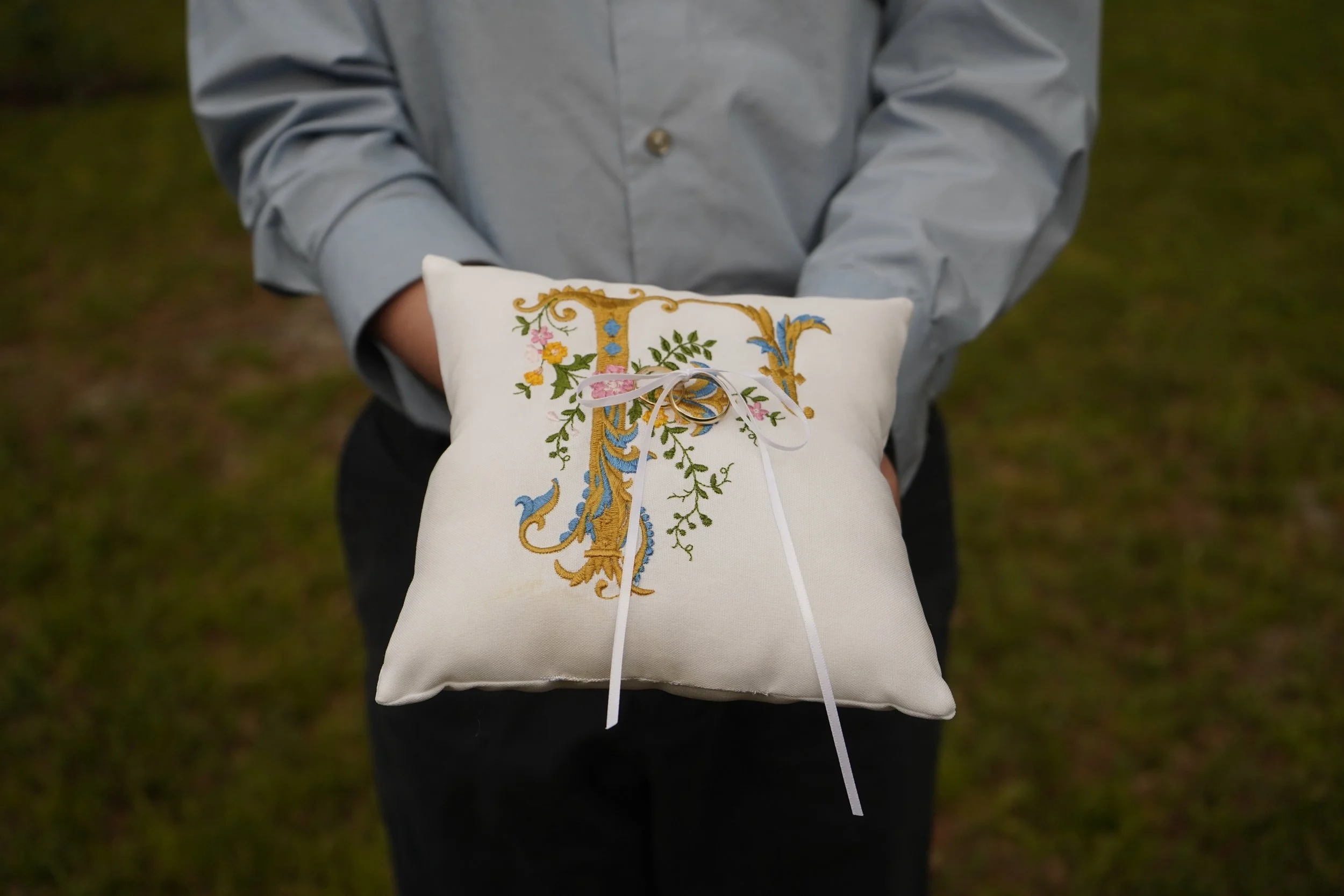 Floral gold, blue, and pink embroidered customized wedding ring pillow