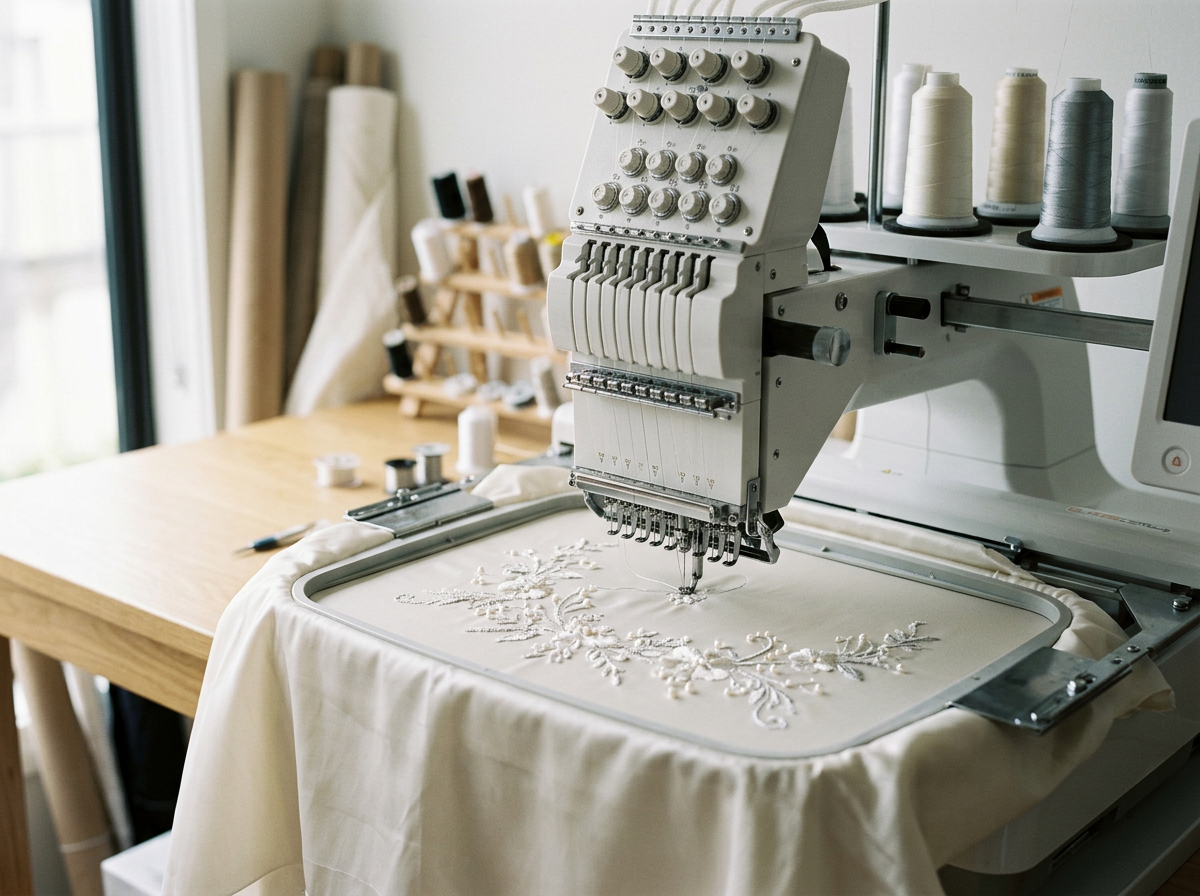 A sewing embroidery machine stitching a floral pattern onto white fabric in a craft room with spools of thread in the background.