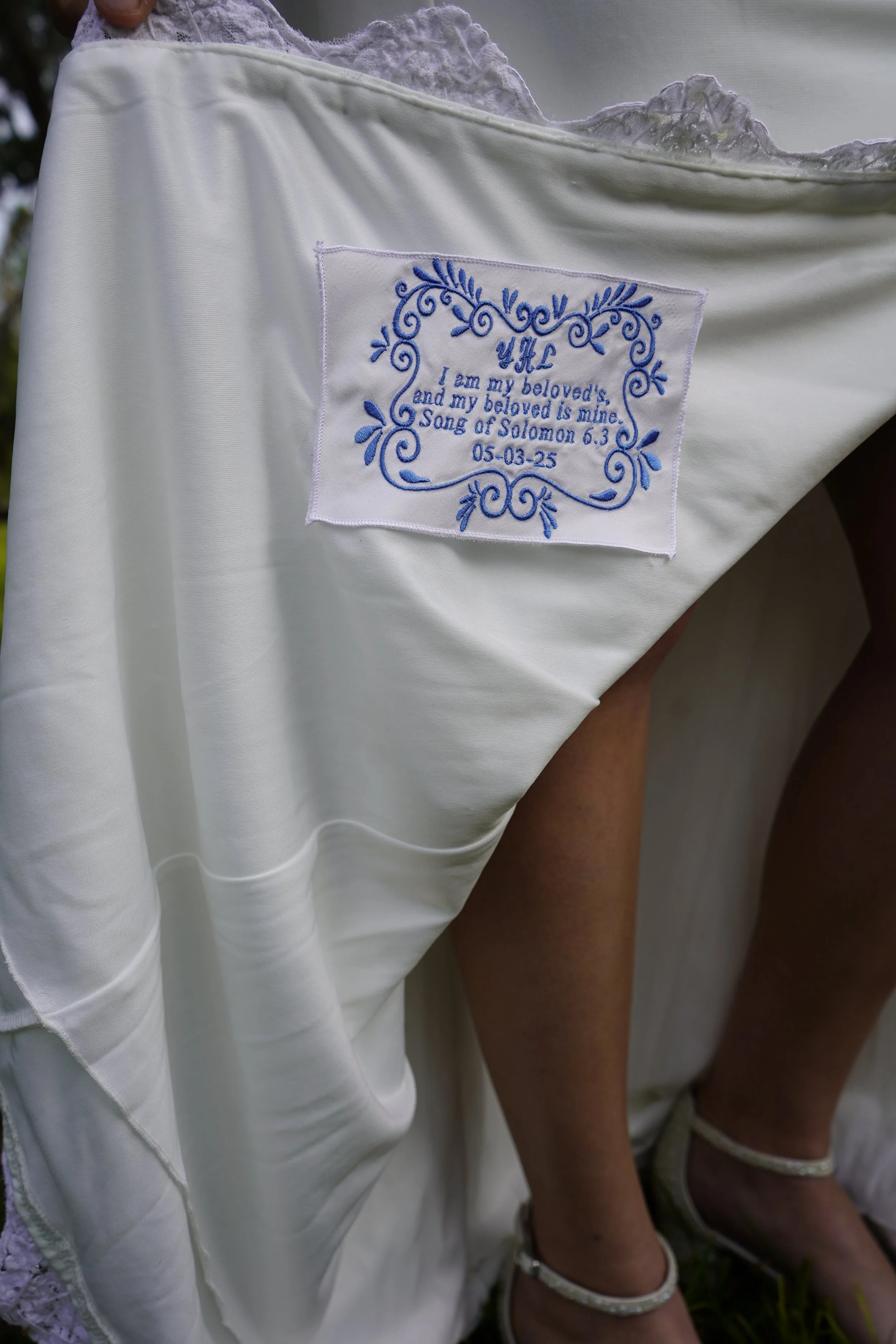 Custom Embroidered Wedding Dress Label | Personalized Bridal Gown Tag | “Something Blue” Keepsake