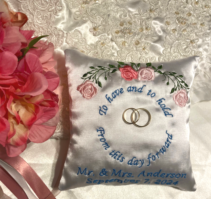 Custom Embroidered Satin Ring Bearer Pillow | Personalized Monogram Wedding Ring Cushion Keepsake