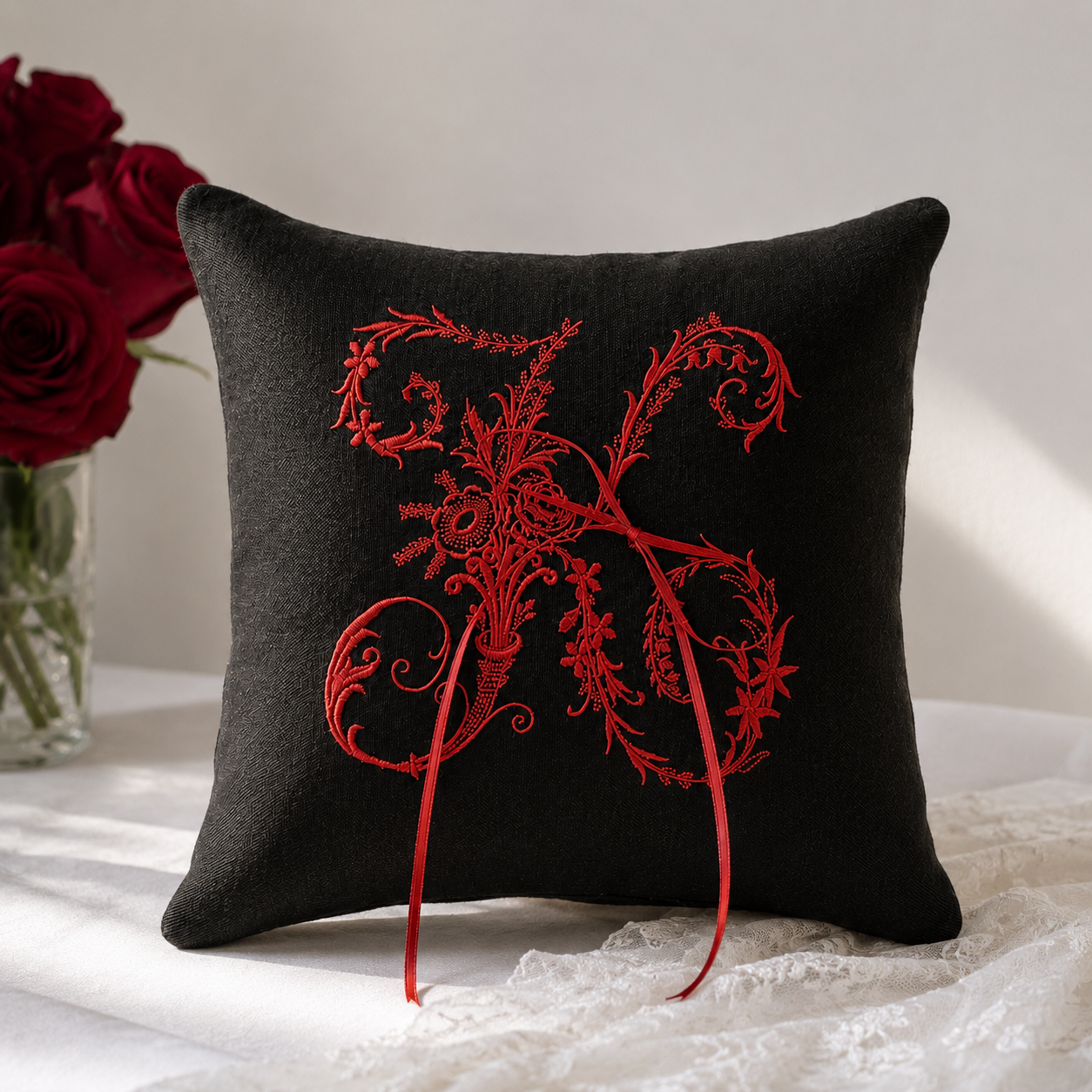 Black decorative pillow with red embroidered floral monogram on a white surface, with a bouquet of red roses in a clear glass vase in background.