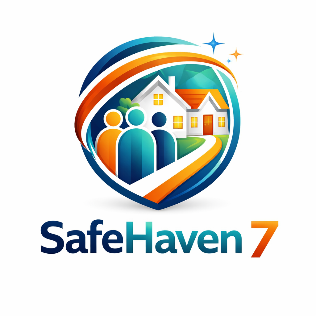 A colorful logo featuring three stylized human figures, a house with a blue roof and yellow windows, and a curved road leading to the house. The logo also includes stars and swooshes, with the text "SafeHaven 7" below in gradient colors.