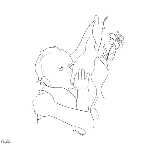 Minimalist line drawing of a person kissing a hand holding a flower