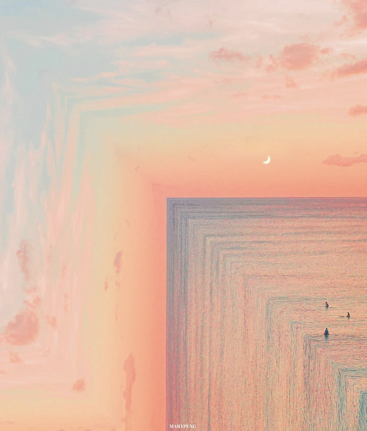Artistic sunset scene with pastel sky and crescent moon reflection