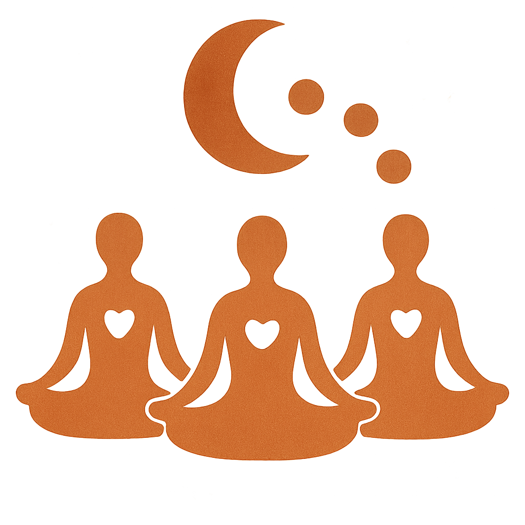 Rooted Reverie Wellness symbol — collective heart-centered meditation honoring lunar cycles and community connection.