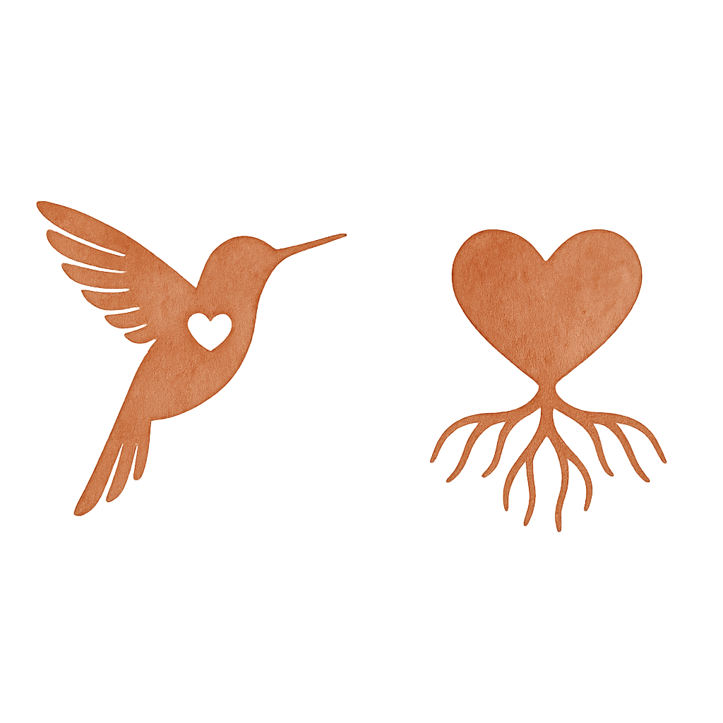 Cutout of a hummingbird with a heart-shaped cutout in its body and a heart with roots underneath, both in made of a material resembling copper or bronze, against a black background.