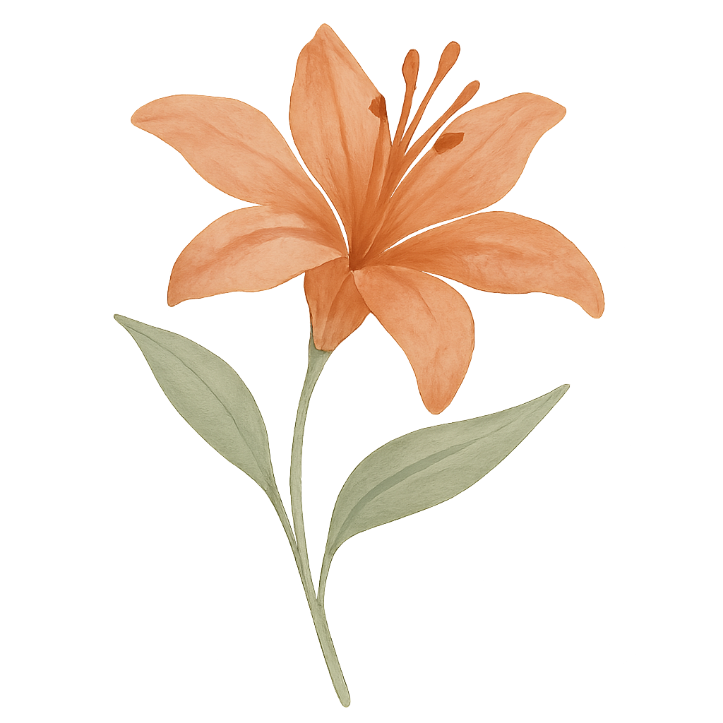 Watercolor lily flower in terra cotta and sage, symbolizing feminine vitality, menstrual health, and natural cycles at Rooted Reverie Wellness.
