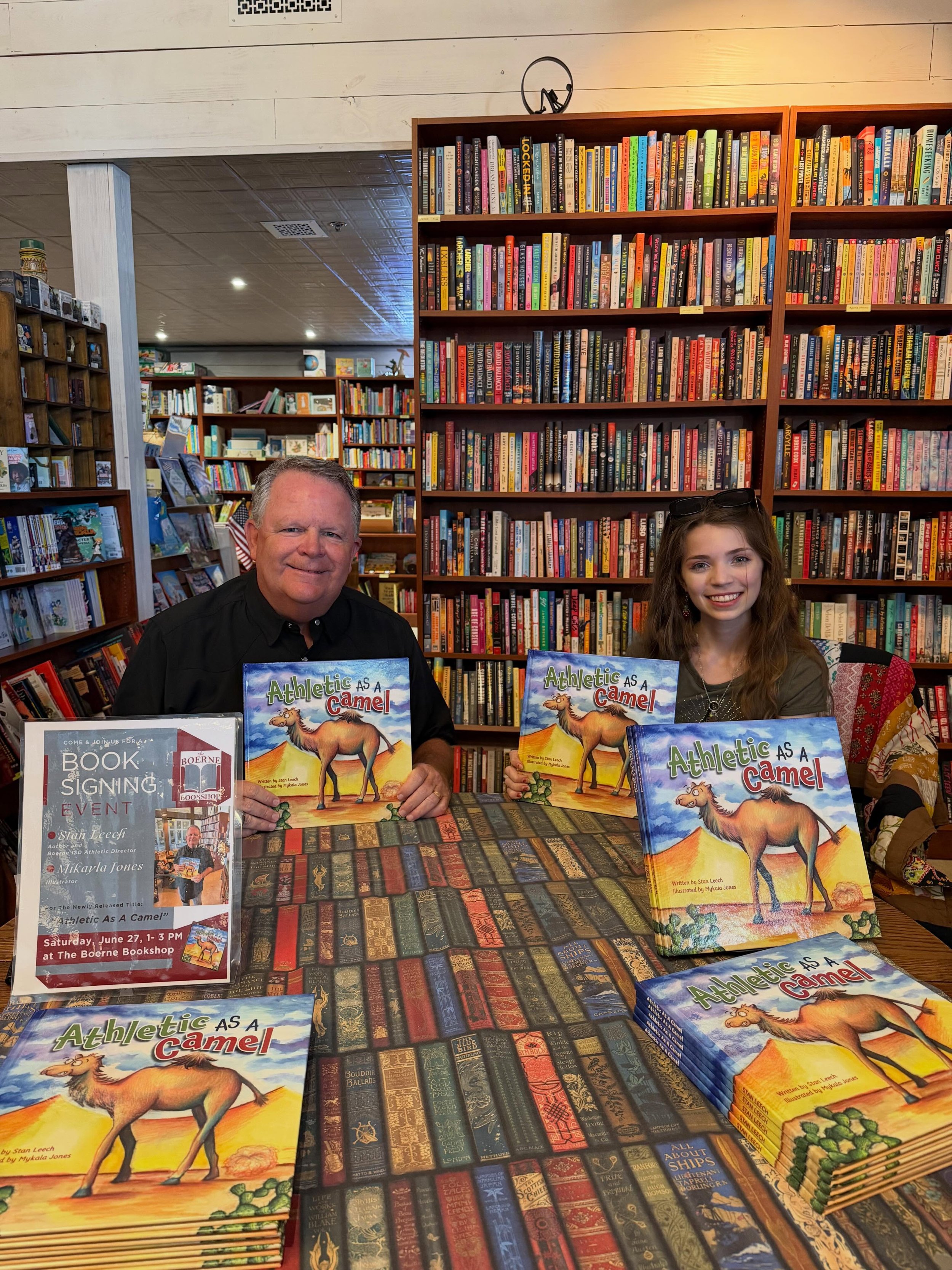 Book signing happening now until 3 PM! Come in  to the shop to meet Stan Leech &amp; Mikayla Jones, they are signing their new book &ldquo;Athletic As A Camel&rdquo;