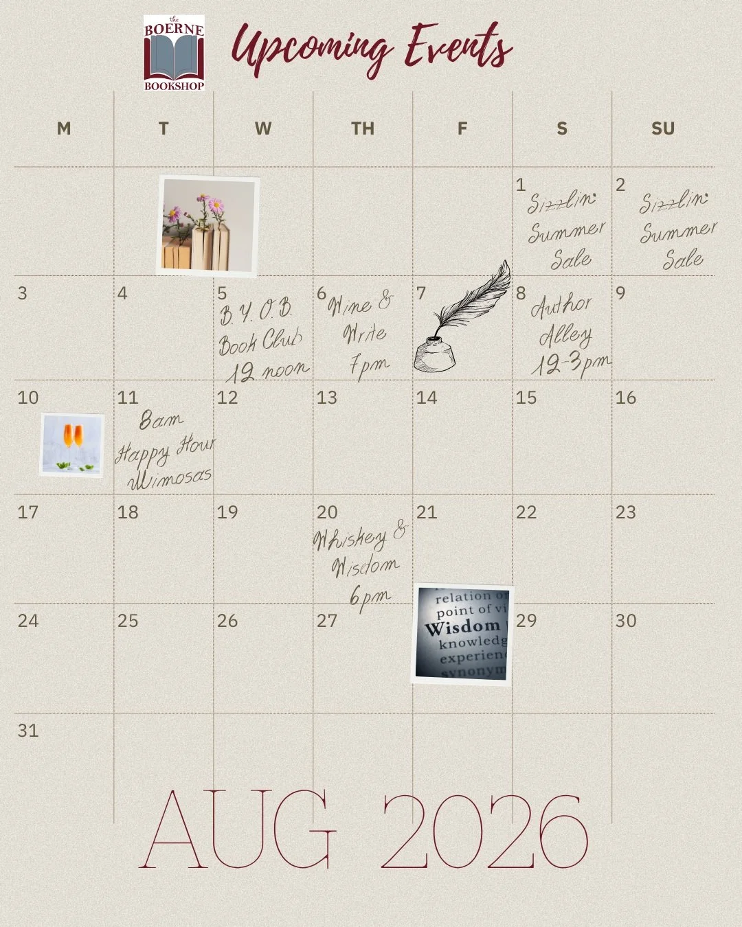 Mark your calendars, we have several events for readers and writers this month.

We are hosting our annual Back To School Happy Hour on Aug 11th at 8am. Stop by for mimosas and treats.

Link in bio for more info. ⬆