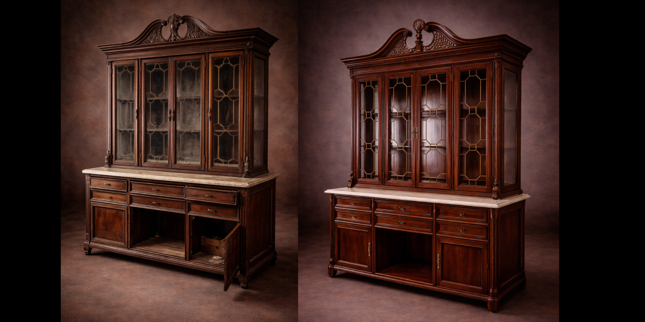 Before-and-after restoration of an antique wooden china cabinet with glass doors and carved details.