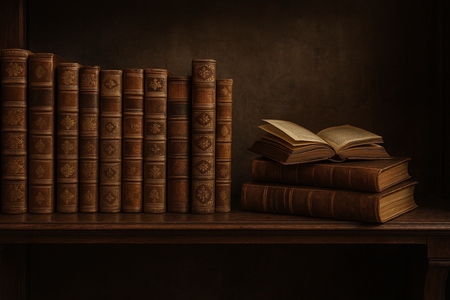 Antique leather-bound books beside an open book in a dark library setting