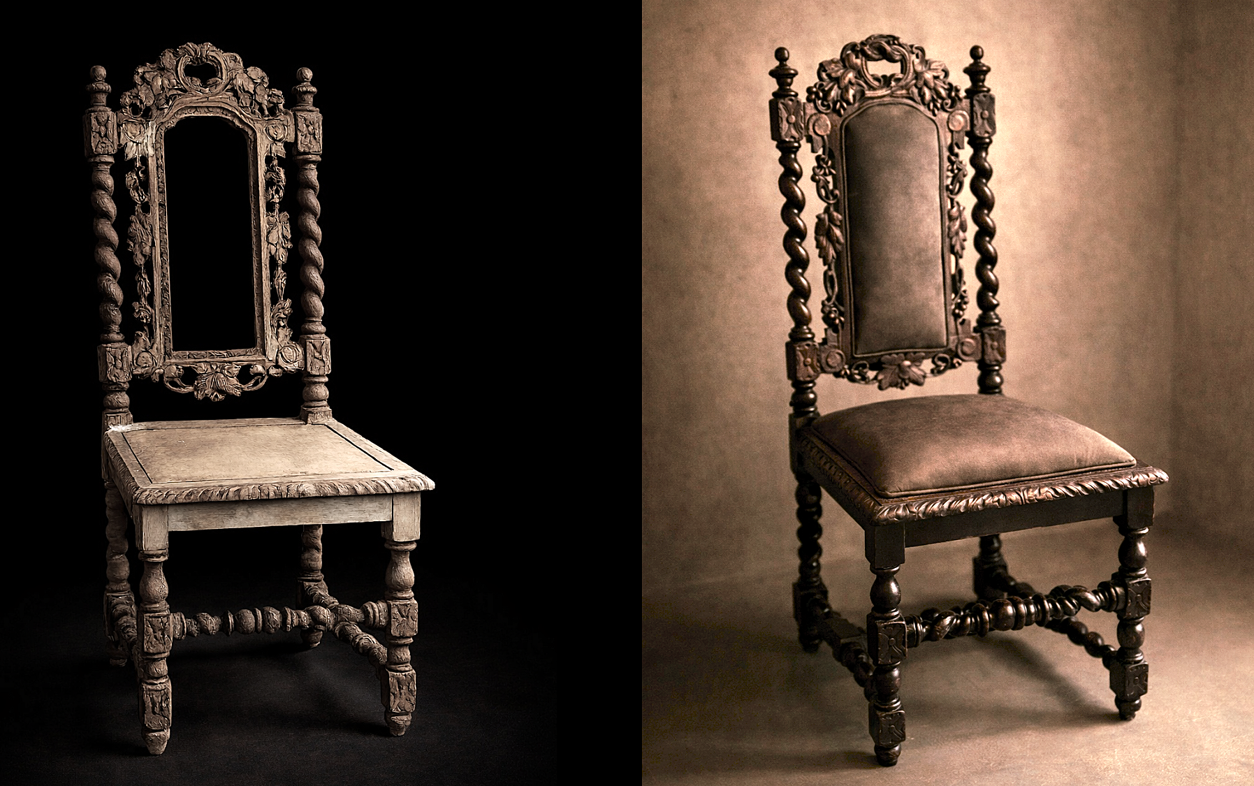 Antique chair before and after full restoration at RESTORIUM