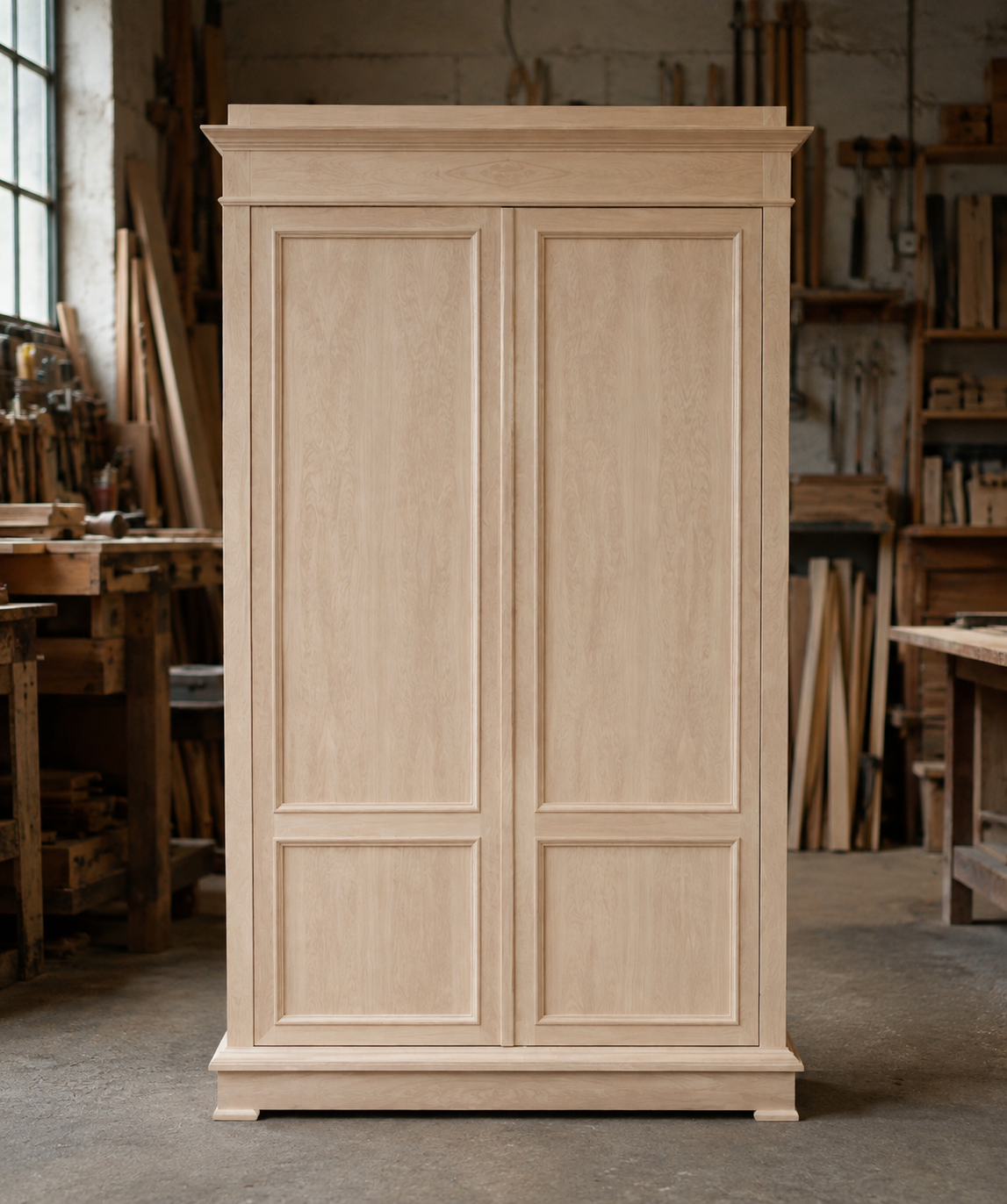 Newly built wardrobe before patination, unfinished timber