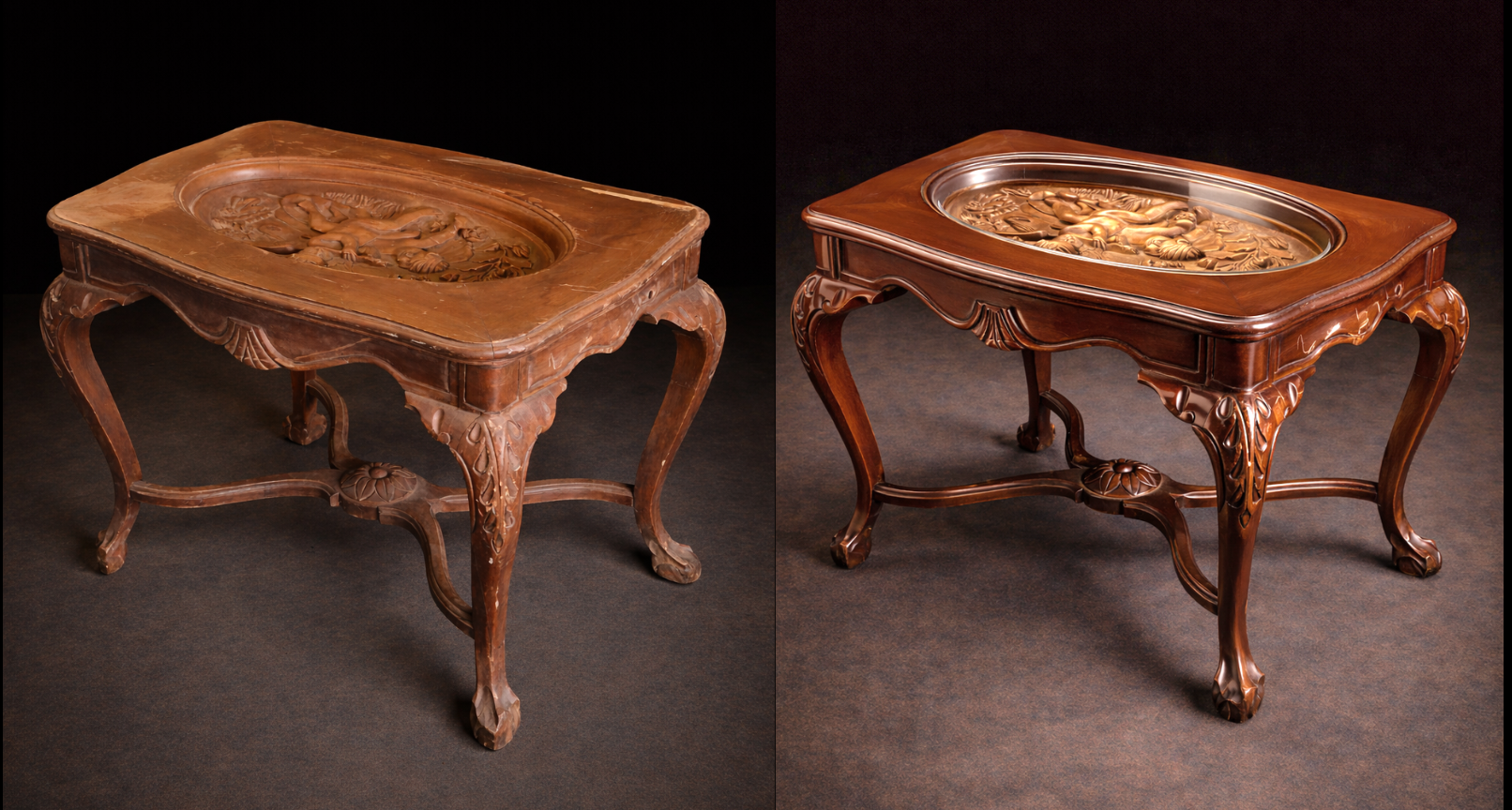 Antique coffee table before and after full restoration at RESTORIUM
