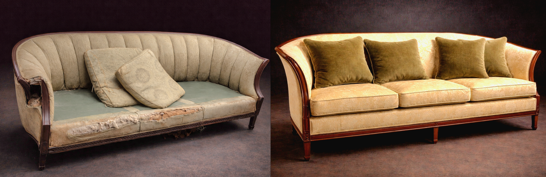 Antique sofa before and after full restoration at RESTORIUM