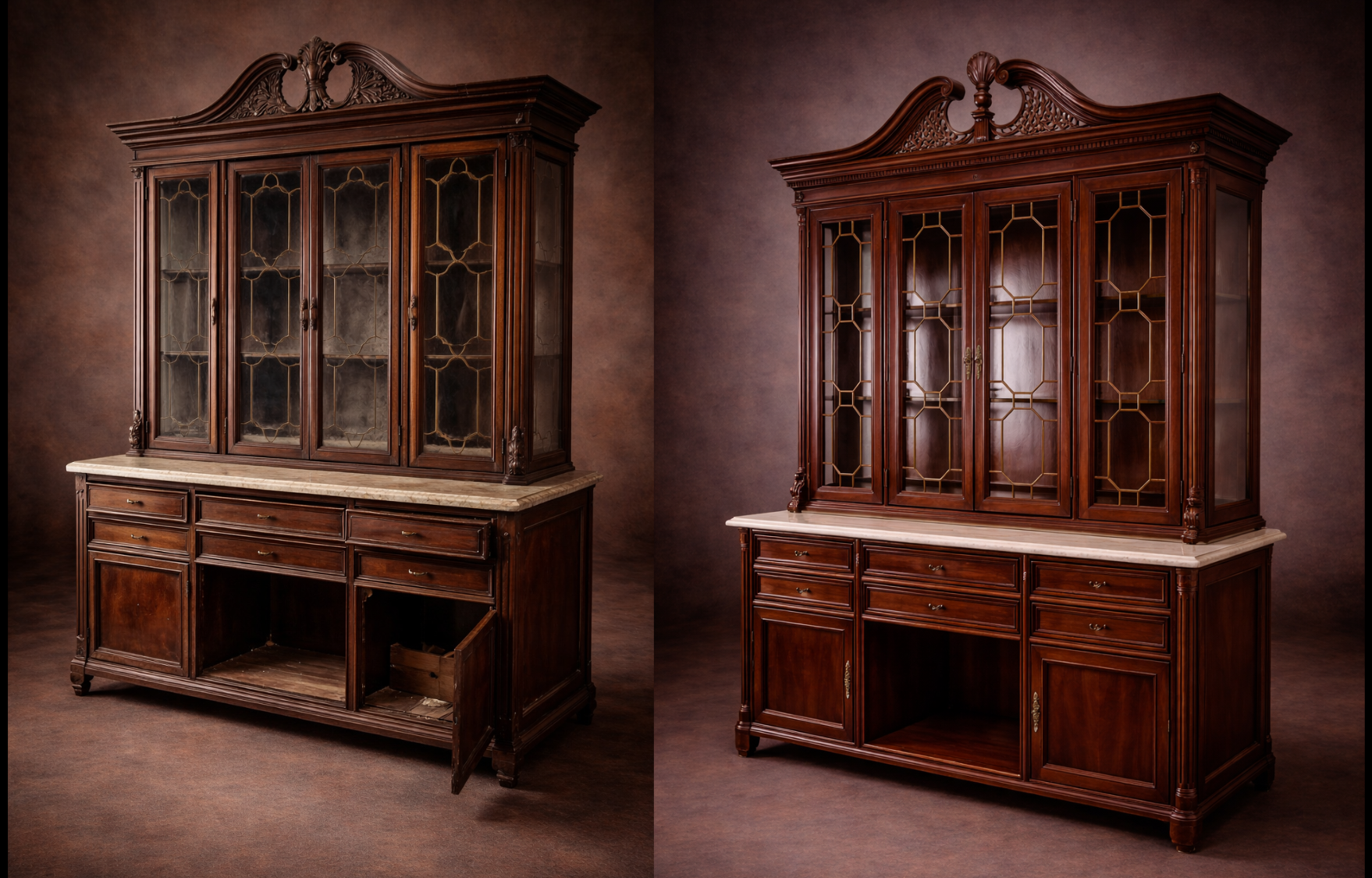 Antique chest of drawers before and after restoration, original hardware preserved
