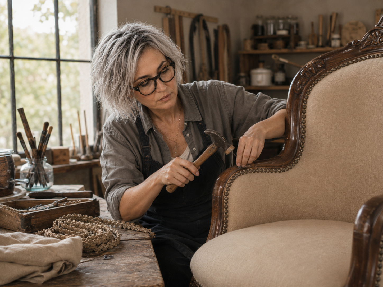 upholstery finishing
Finishing stage of traditional upholstery on an antique chair