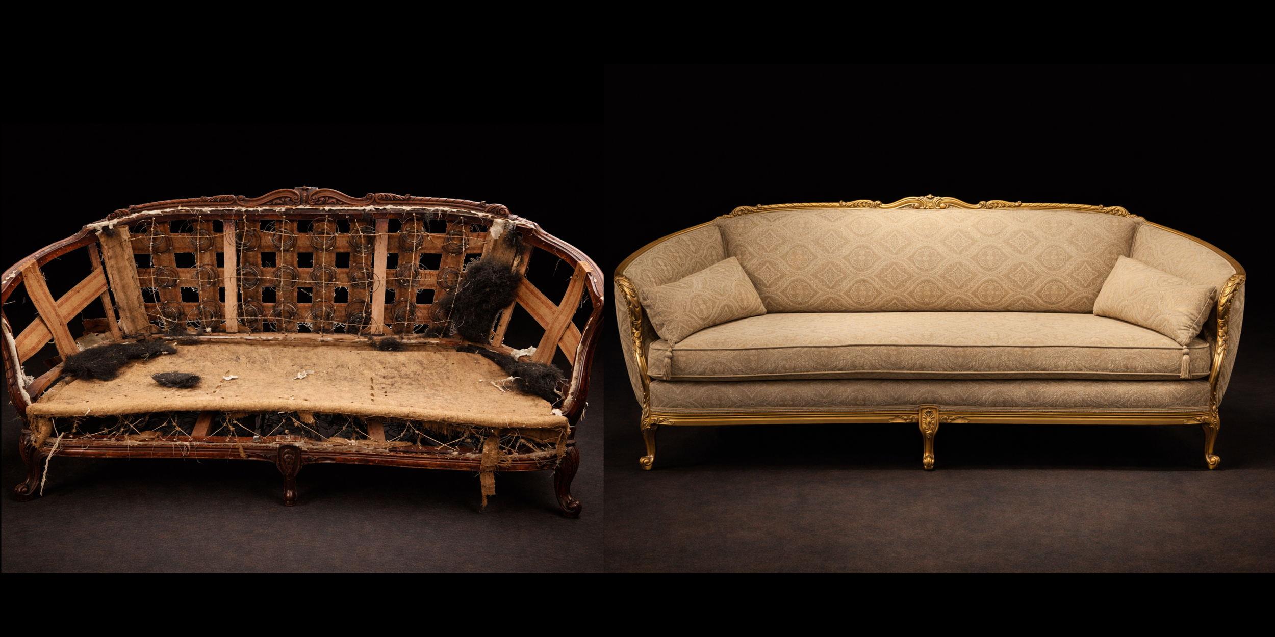 Antique sofa before and after full restoration at RESTORIUM