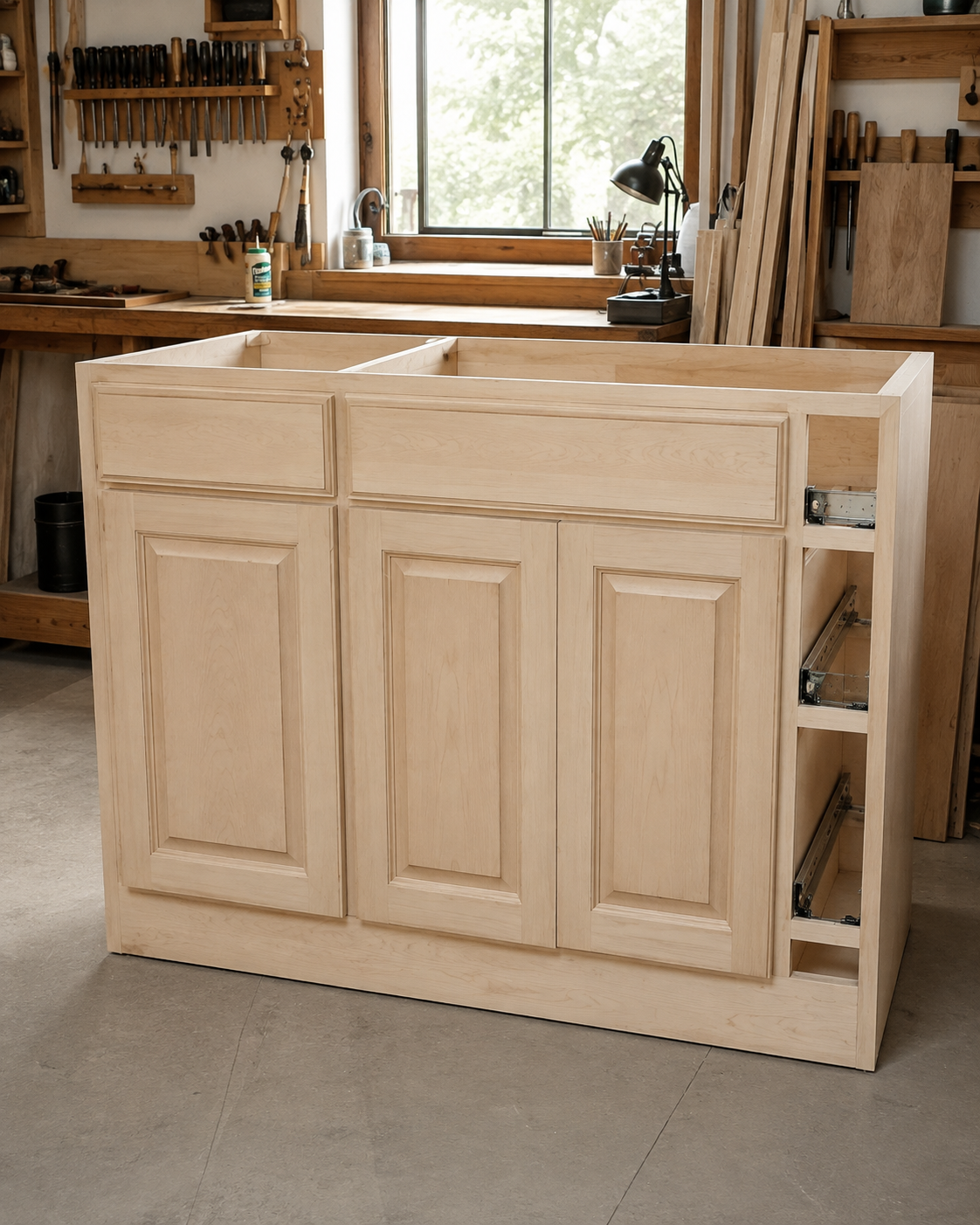 bathroom cabinet before the transformation
Bathroom cabinet before custom decorative finish transformation