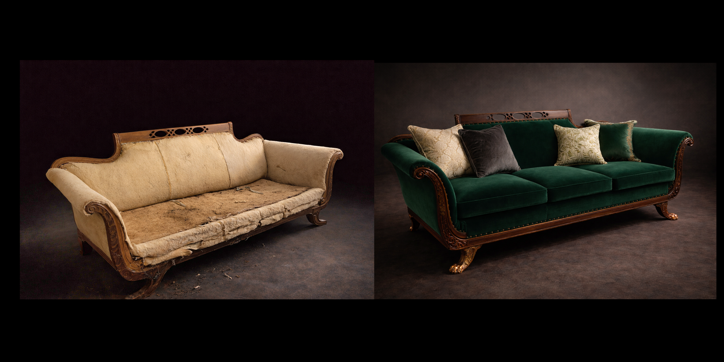 Before-and-after restoration of an antique carved sofa with new green velvet upholstery
